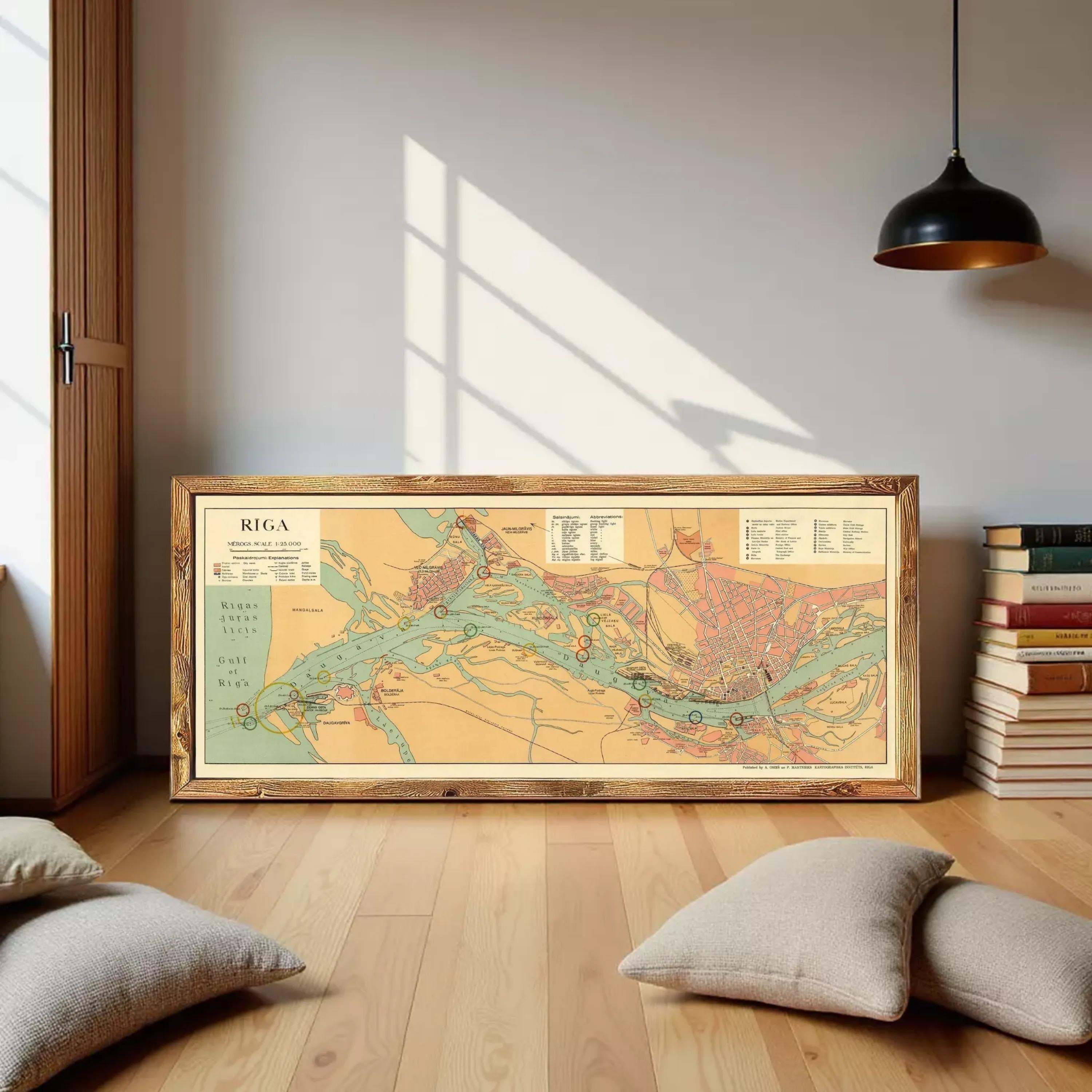 A framed map of the island of Riga, showing the geographical layout and surrounding areas.