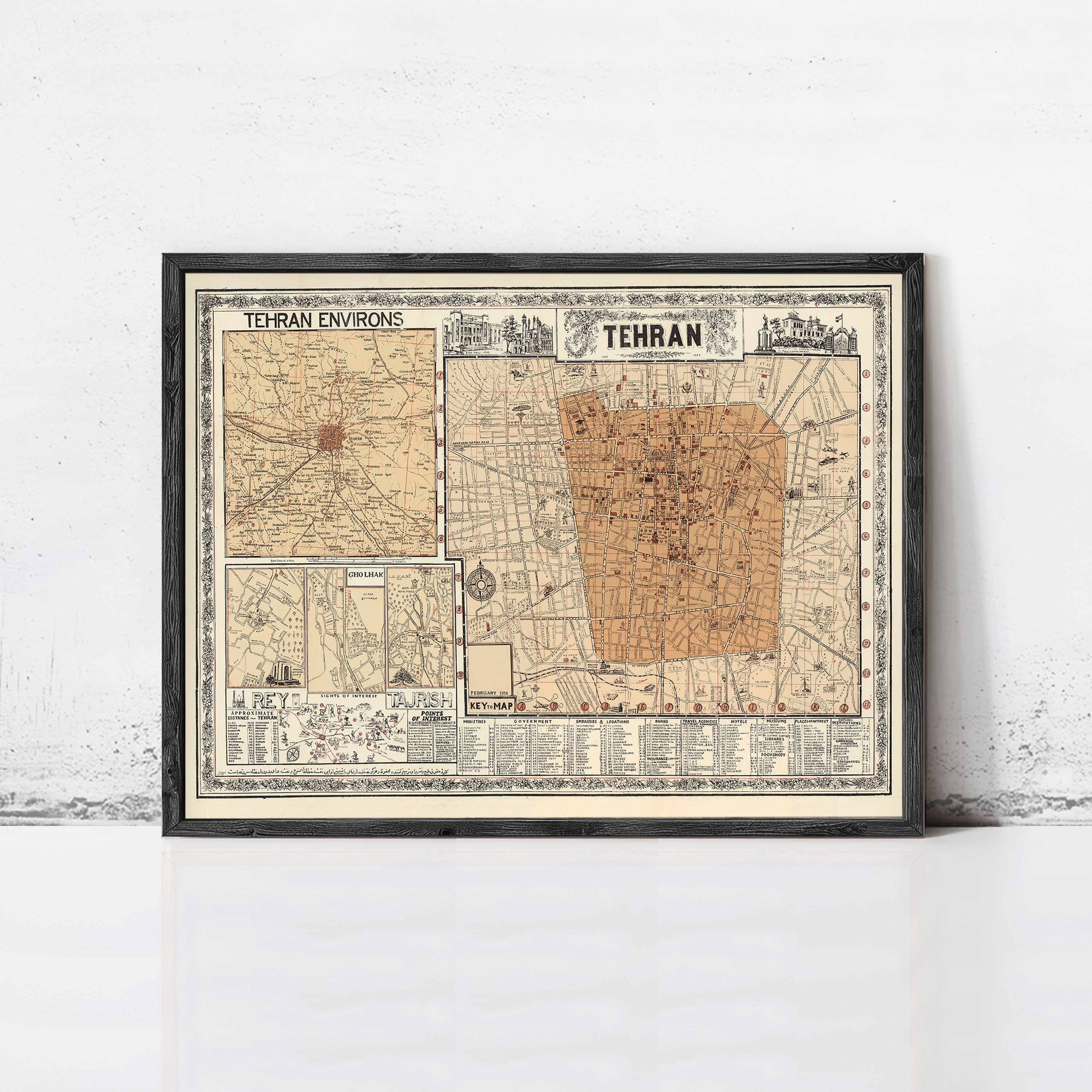 The image is a framed vintage map of the city of Tehran, Iran.