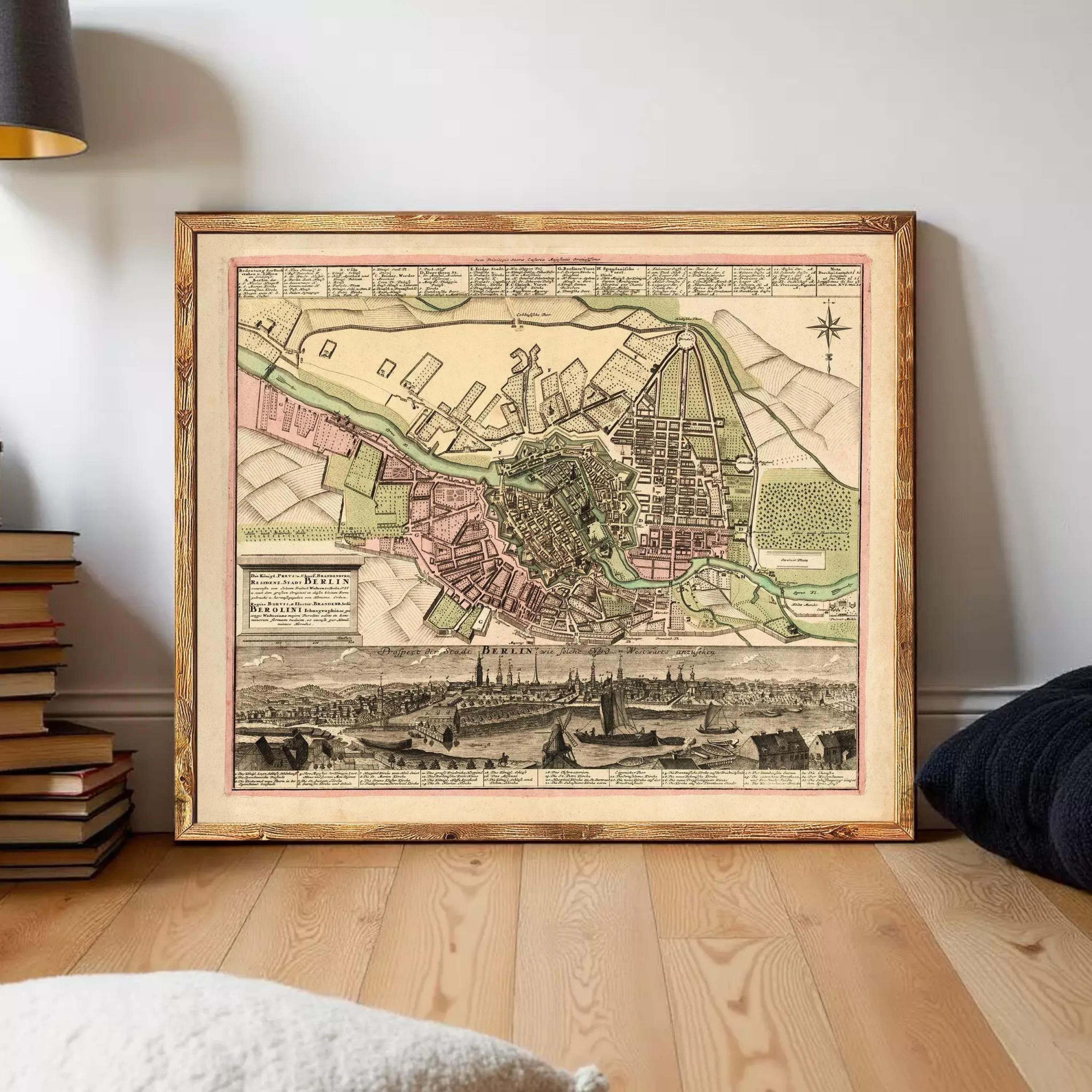 The image is a framed vintage map of Berlin, Germany, depicting the city's layout and surrounding areas.