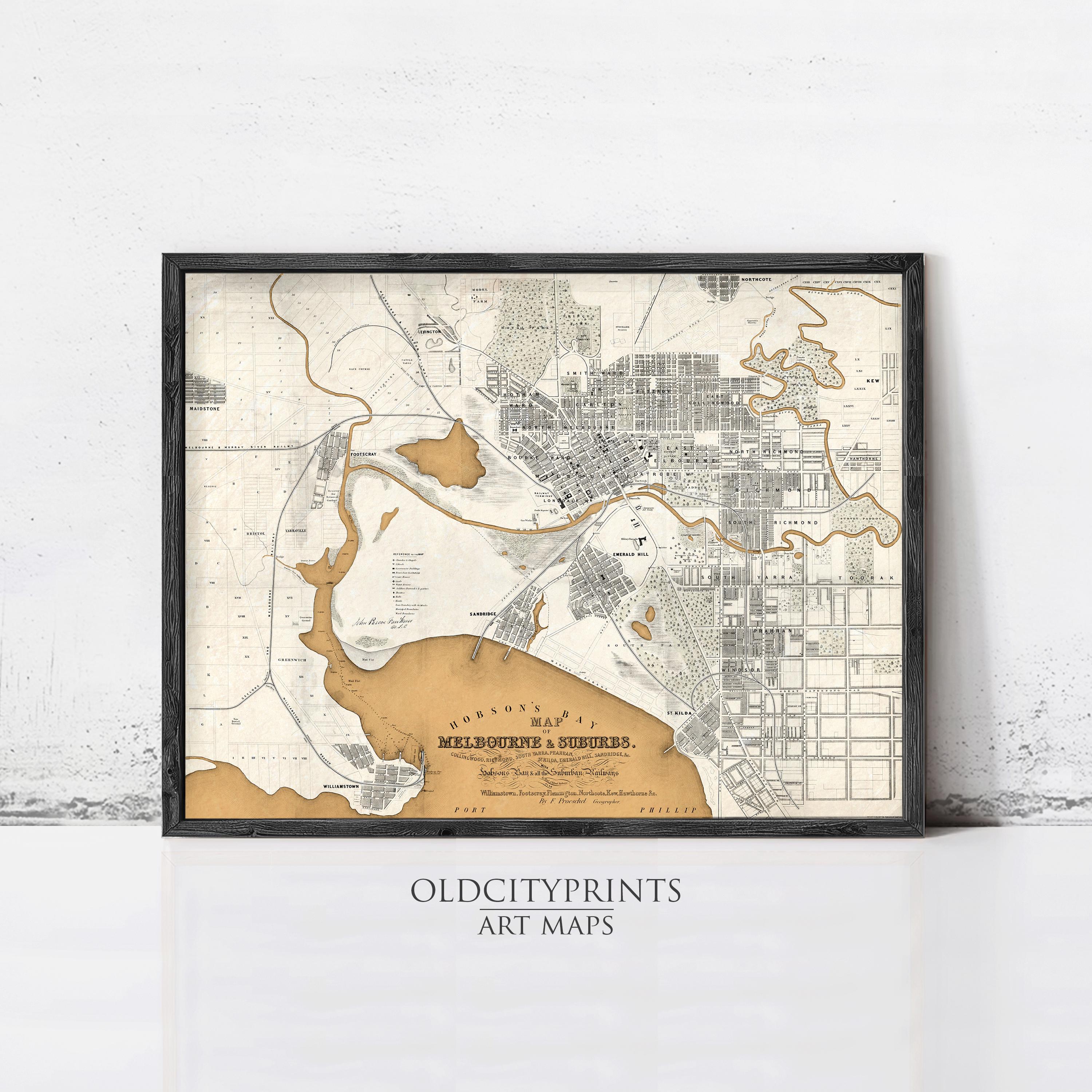 The image is a framed vintage map of Melbourne, Australia, depicting the city's layout and surrounding areas.