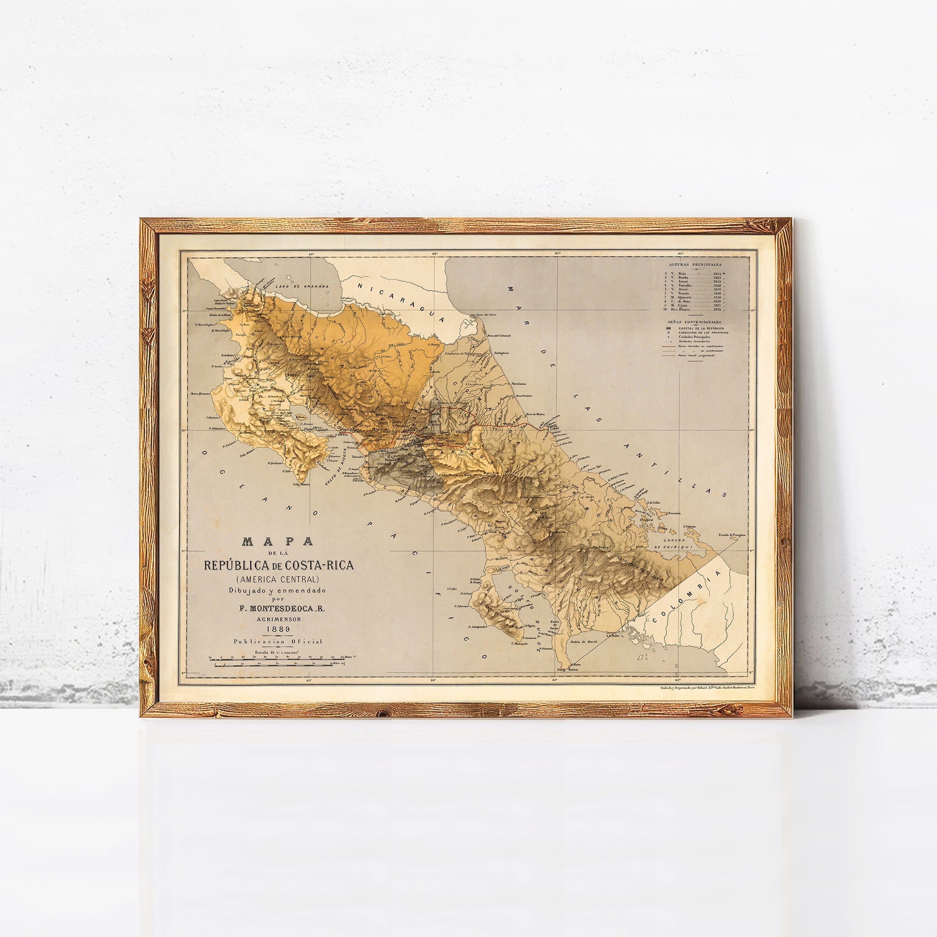 The image is a framed vintage map of Costa Rica, depicting the country's geographical layout and boundaries.