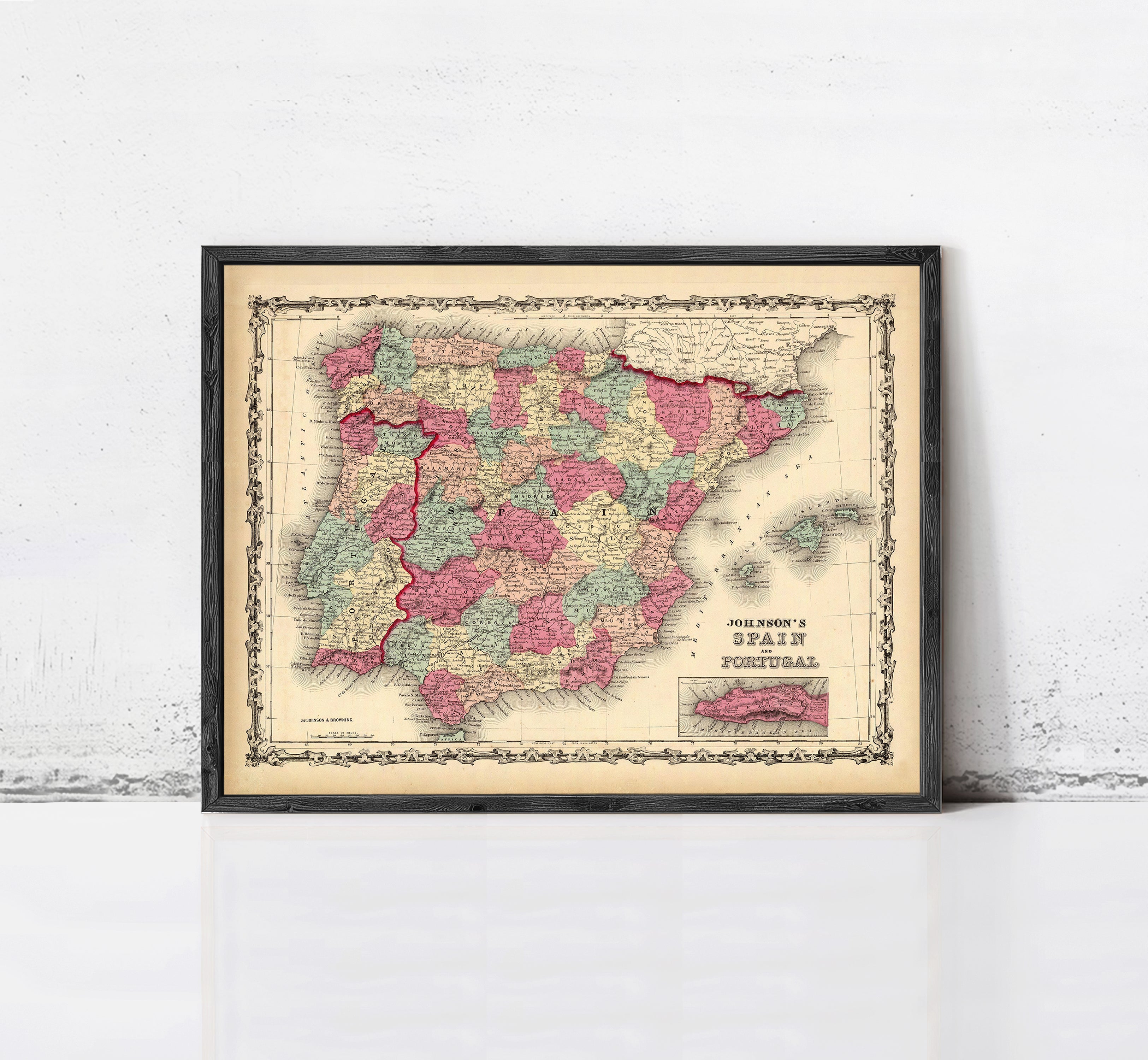 The image is a framed vintage map of Spain, depicting the country's geographical layout and boundaries.