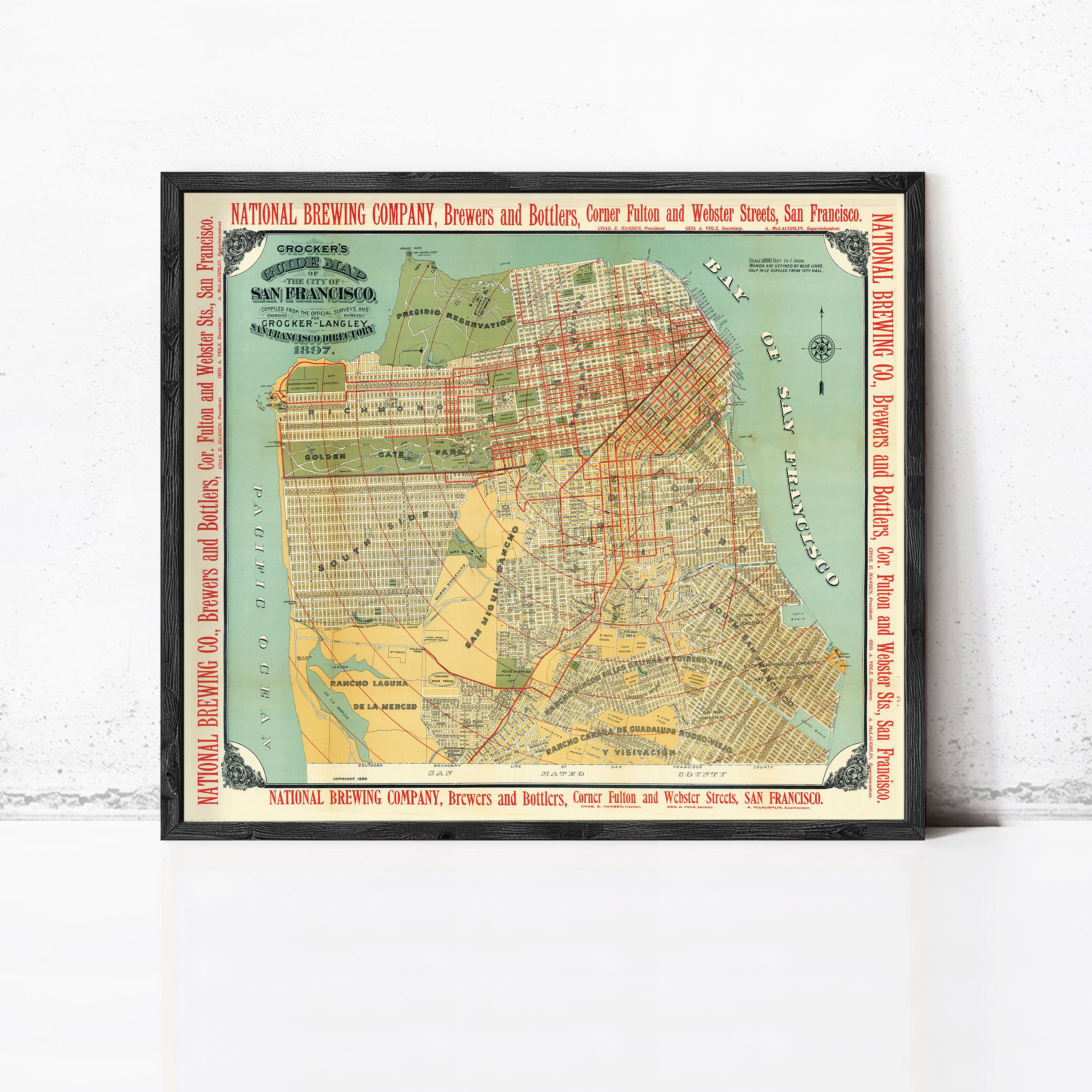 The image is a framed vintage map of San Francisco, California, with a focus on the Brewery and Boulard neighborhoods.