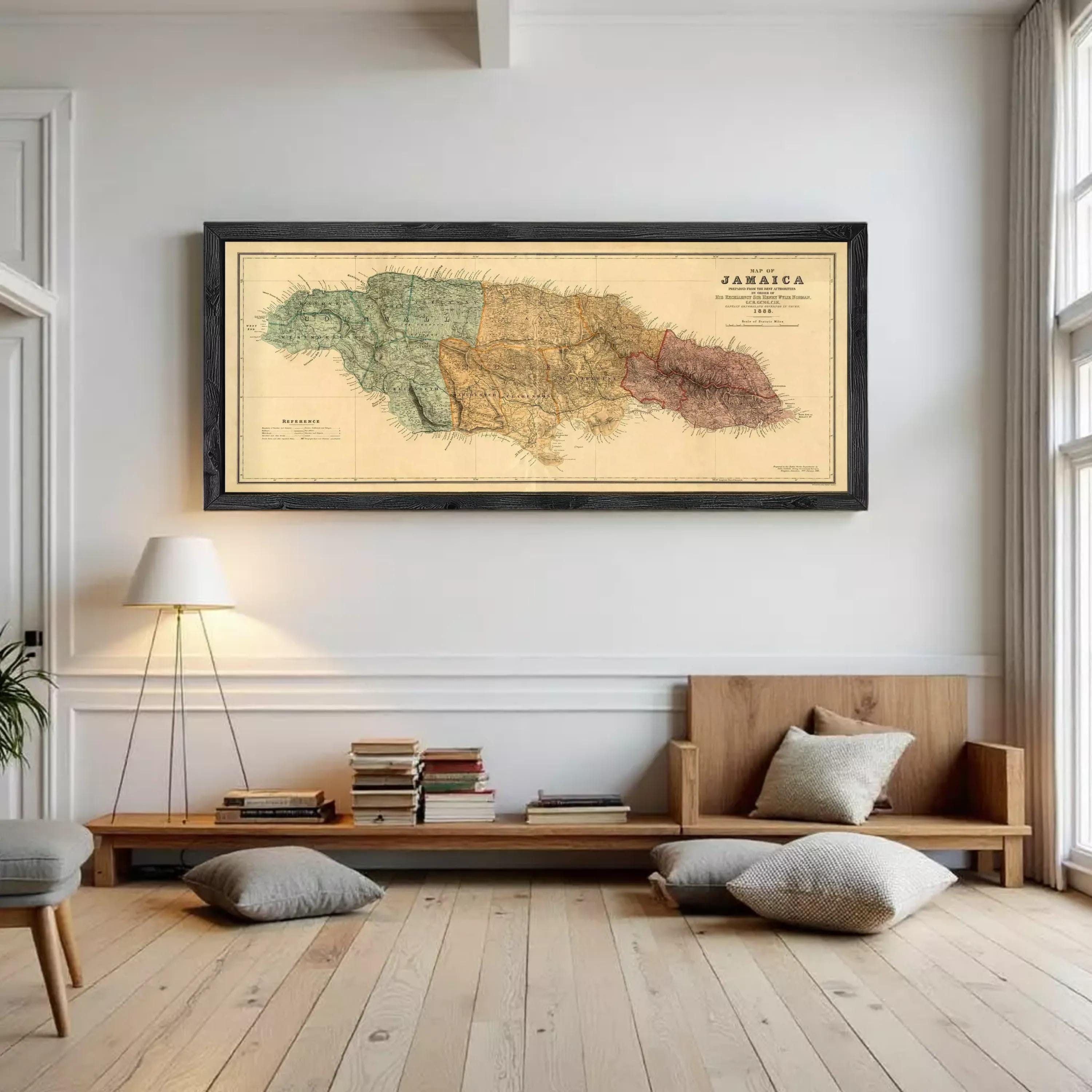 The image is a framed vintage map of Jamaica, depicting the country in a detailed and colorful manner.