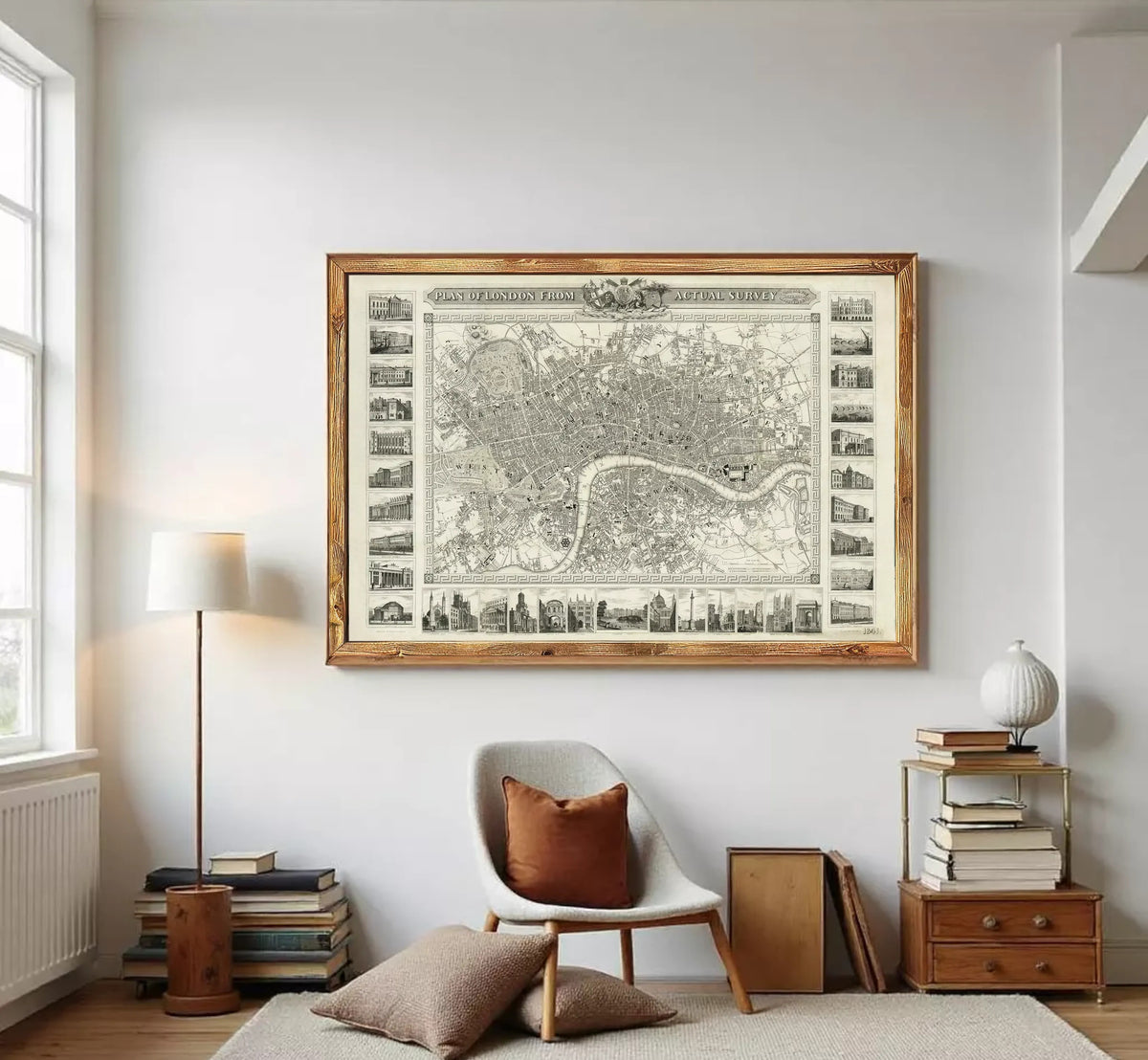 The image is a framed vintage map of London, England, with various landmarks and streets depicted in a detailed and intricate manner.