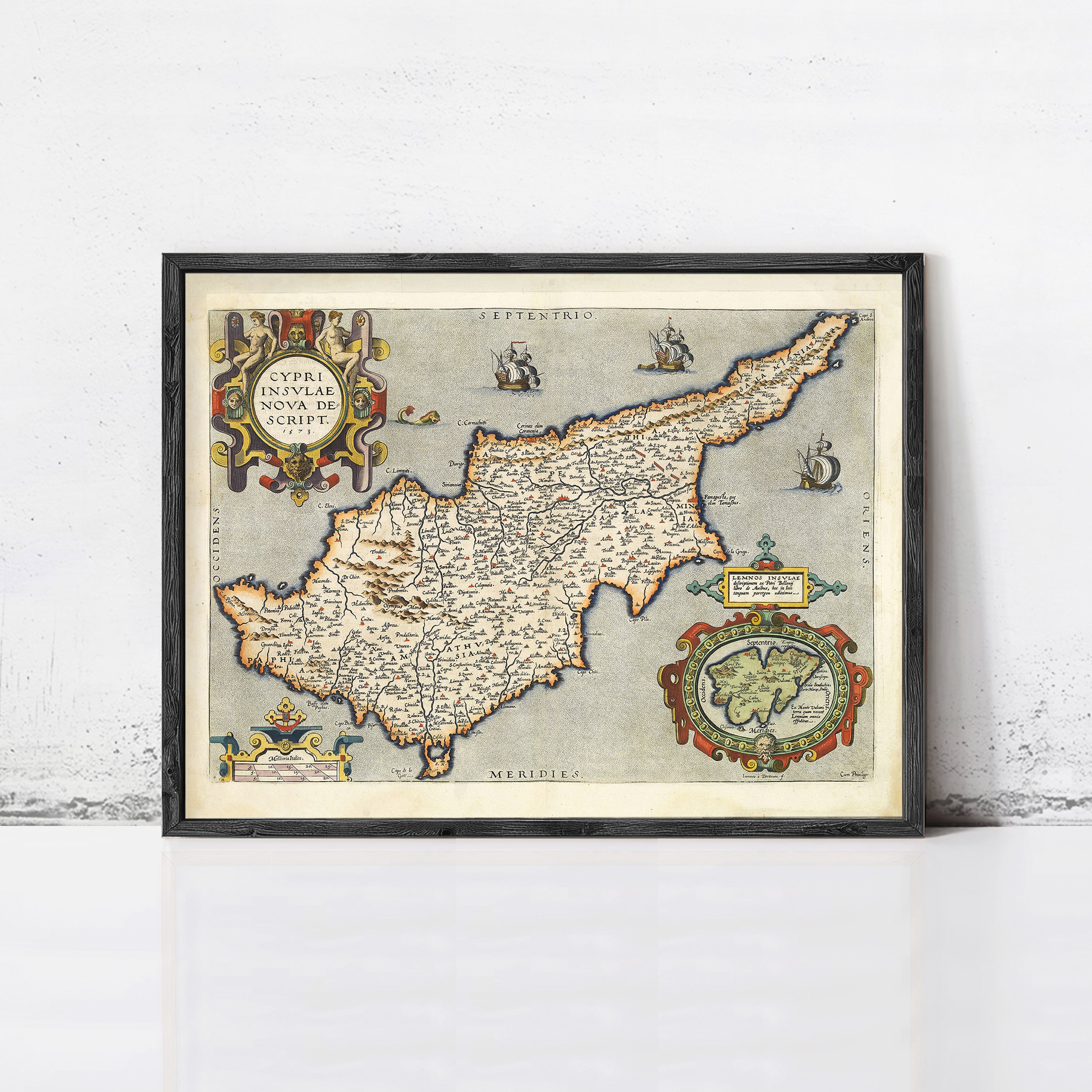 The image is a framed vintage map of the island of Cyprus, depicting the country's geographical layout and surrounding areas.