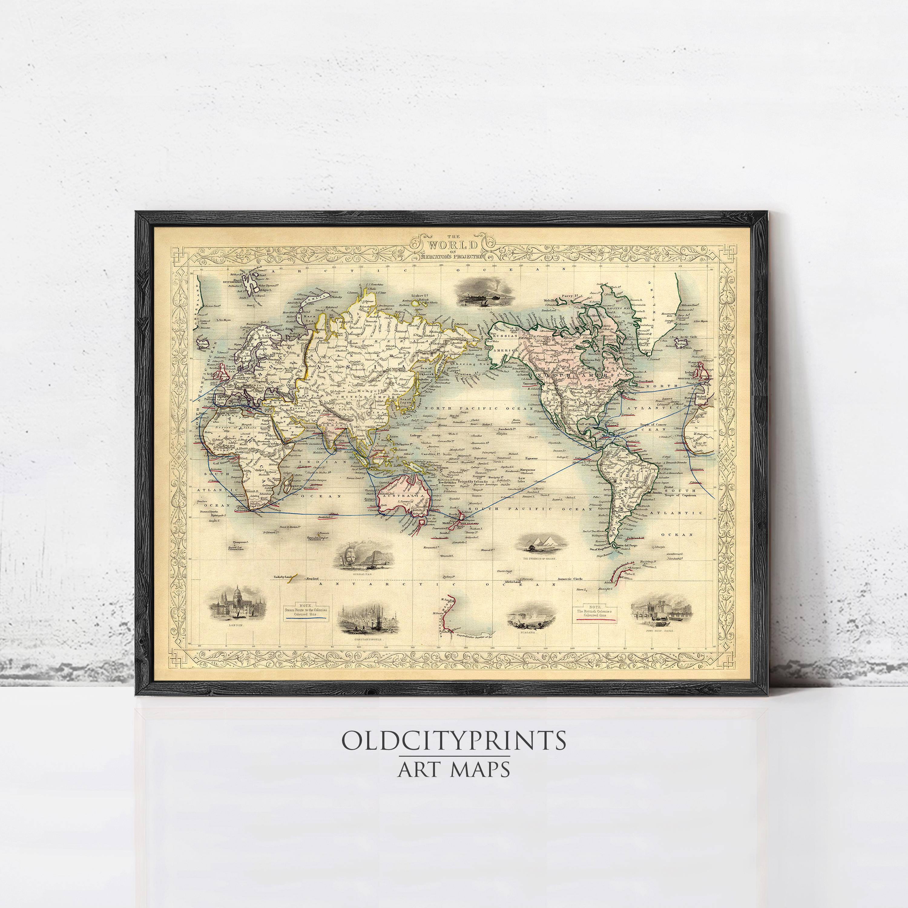 The image is a framed vintage world map from the year 1820, depicting the continents and oceans in a detailed and intricate manner.