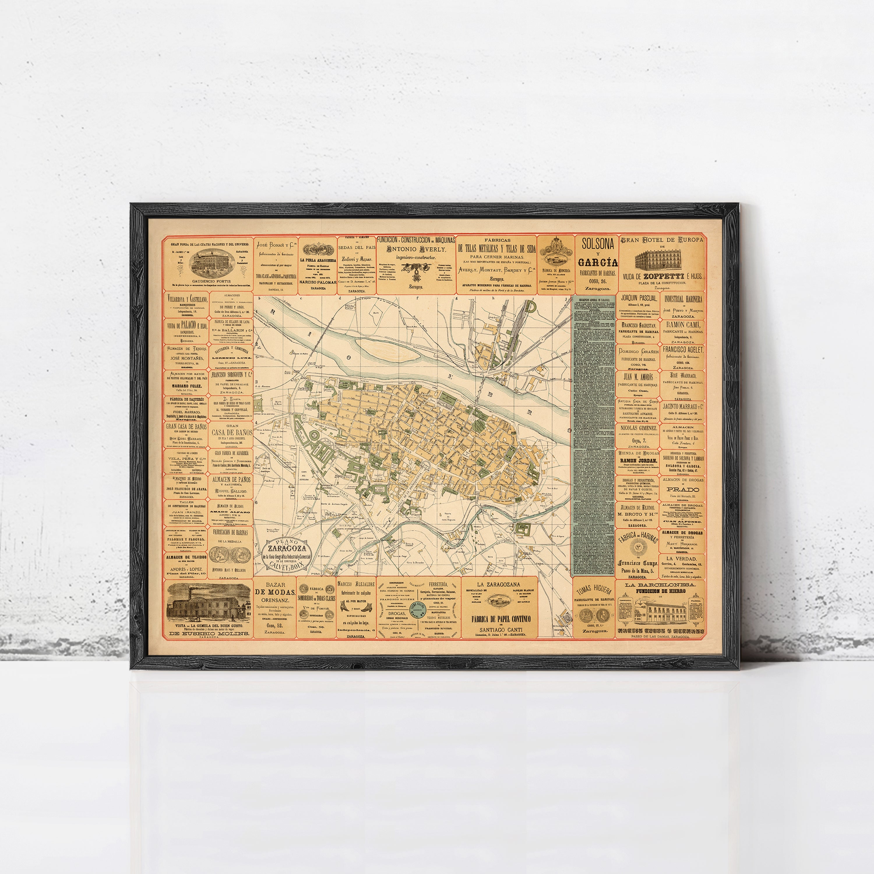 The image is a framed vintage map of a city, likely from the early 20th century.
