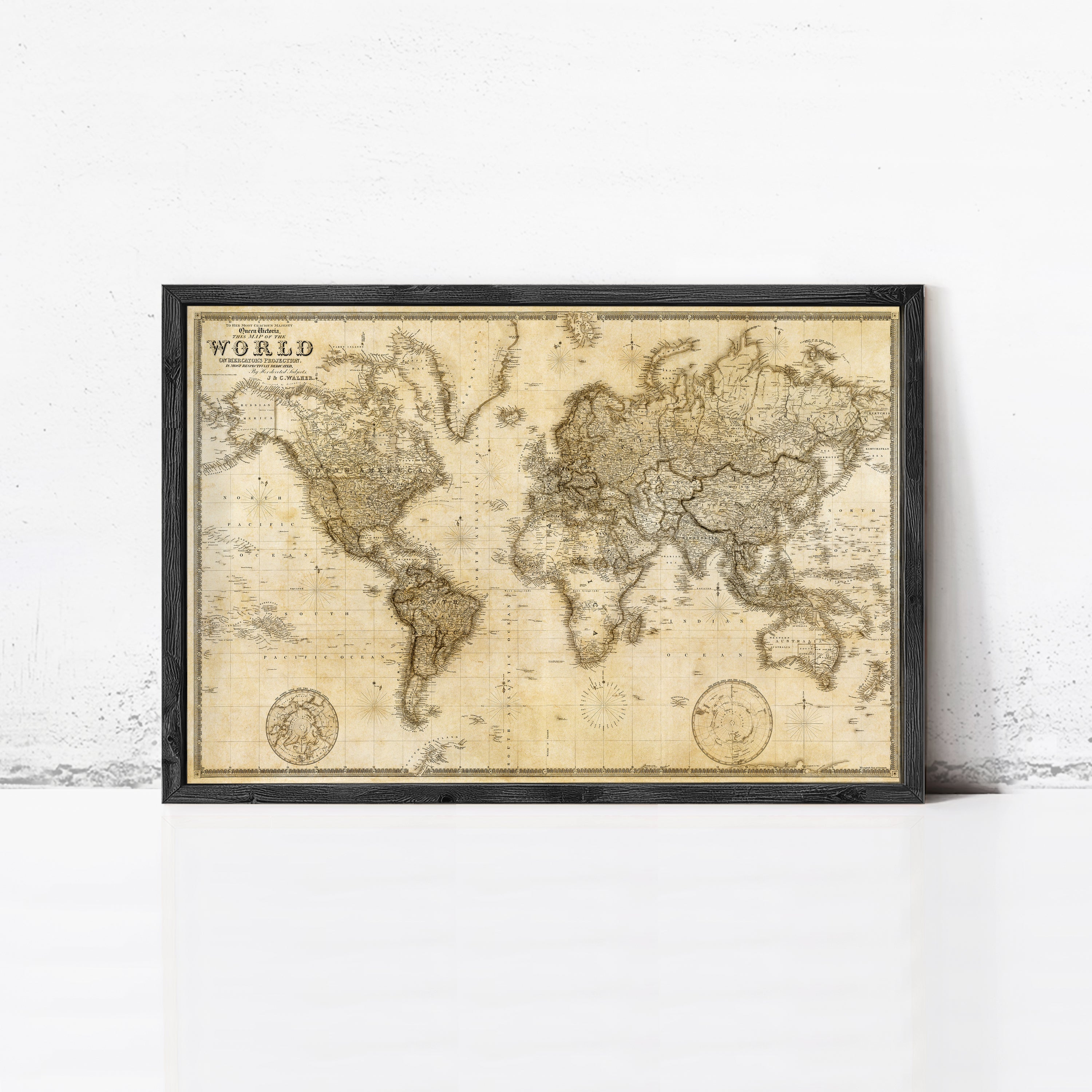 The image is a framed vintage world map.
