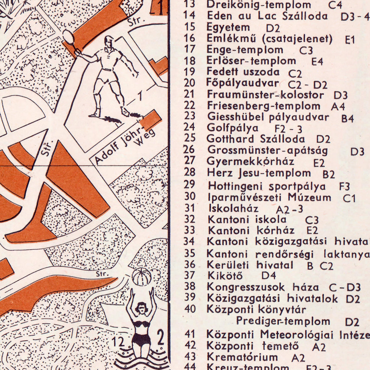 The image is a detailed map of a city, showing various streets, landmarks, and points of interest. It includes a list of locations and their corresponding descriptions, such as "Dreikonig-templom", "Adolf John Weg", and "Hottingen-templom". The map also includes a section with a woman in a bathing suit, suggesting a beach or swimming area. The image is not too cluttered, and the descriptions are clear and concise, providing a comprehensive overview of the city's layout and features.