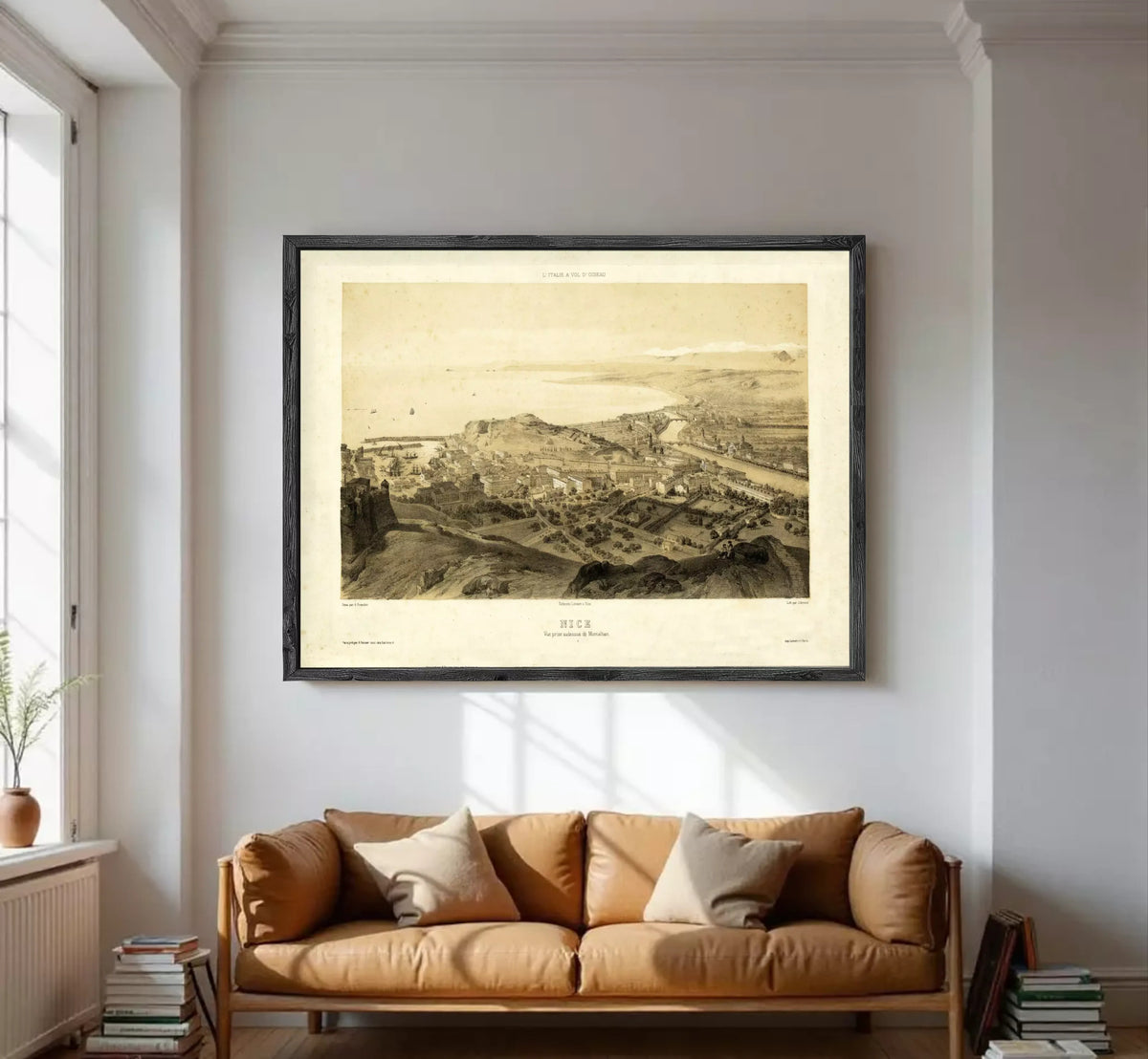 The image is a framed vintage map of a city, depicting a detailed view of the landscape and surrounding areas.