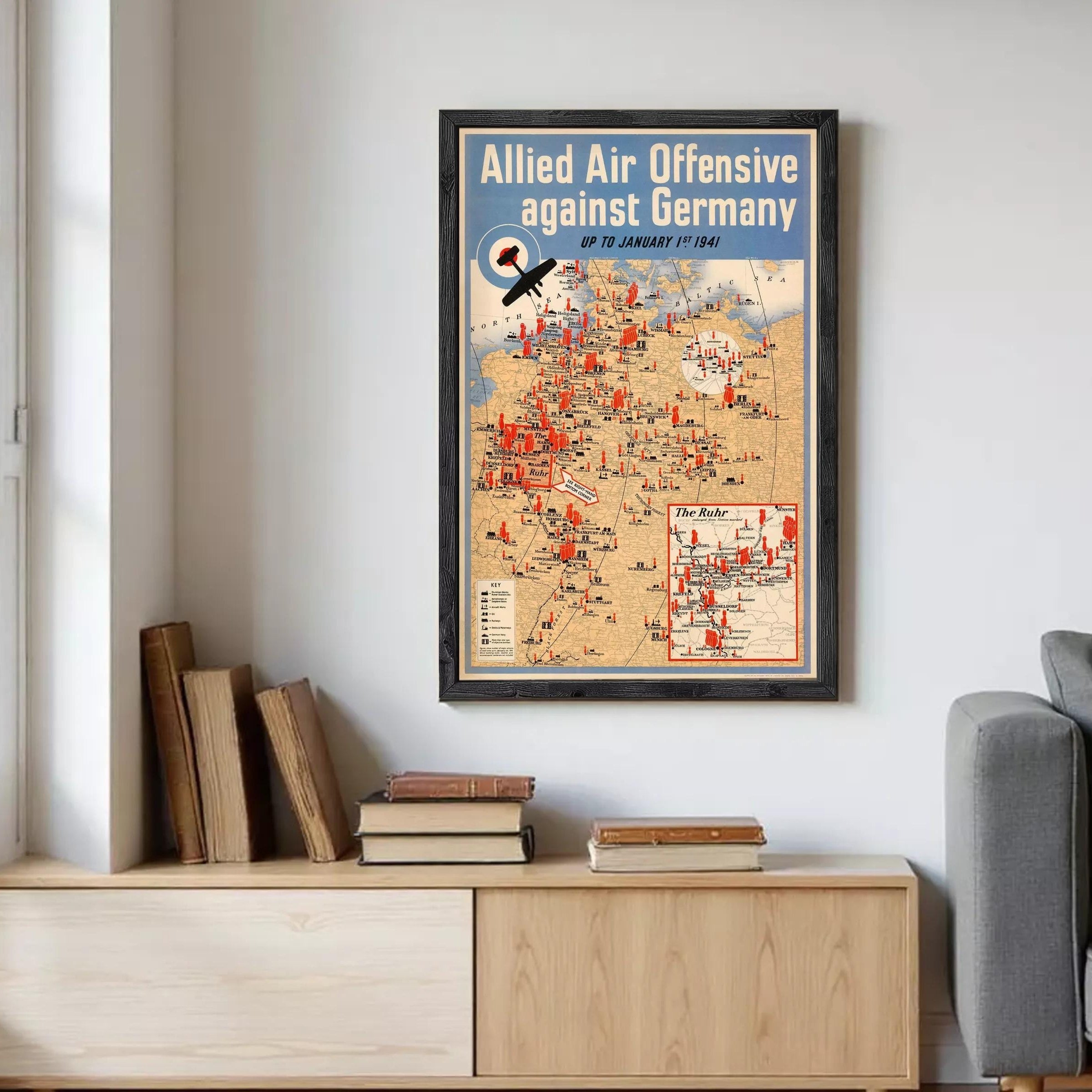 The image is a vintage poster depicting a map of Europe and Germany during World War II, with a focus on the Allied Air Offensive against Germany.
