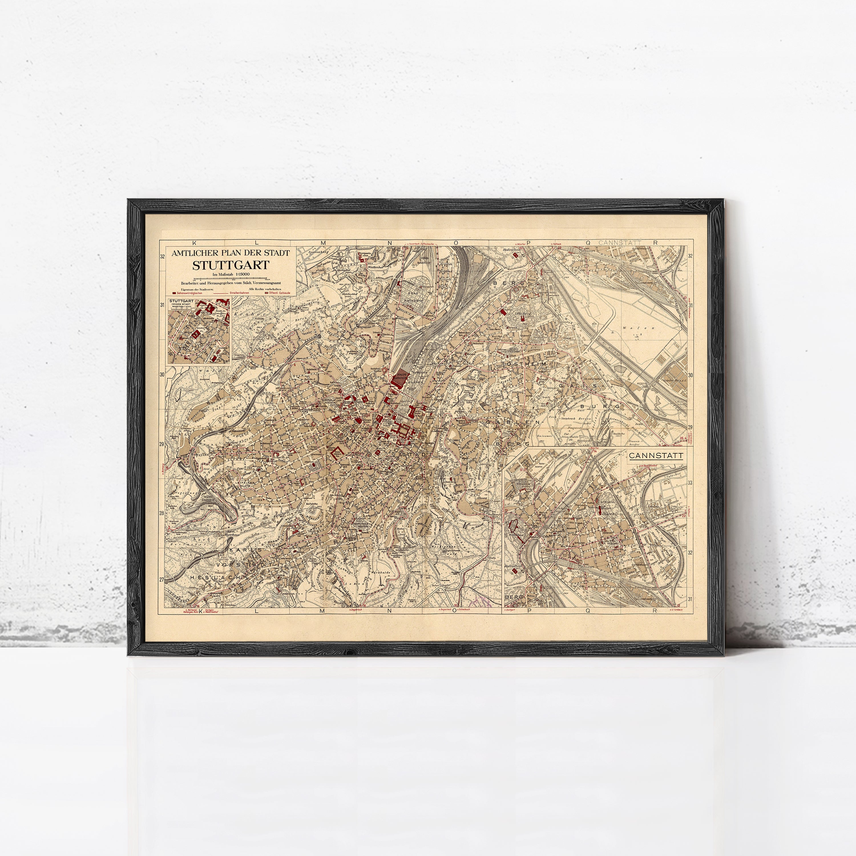 The image is a framed vintage map of Stuttgart, Germany, depicting the city's layout and surrounding areas.
