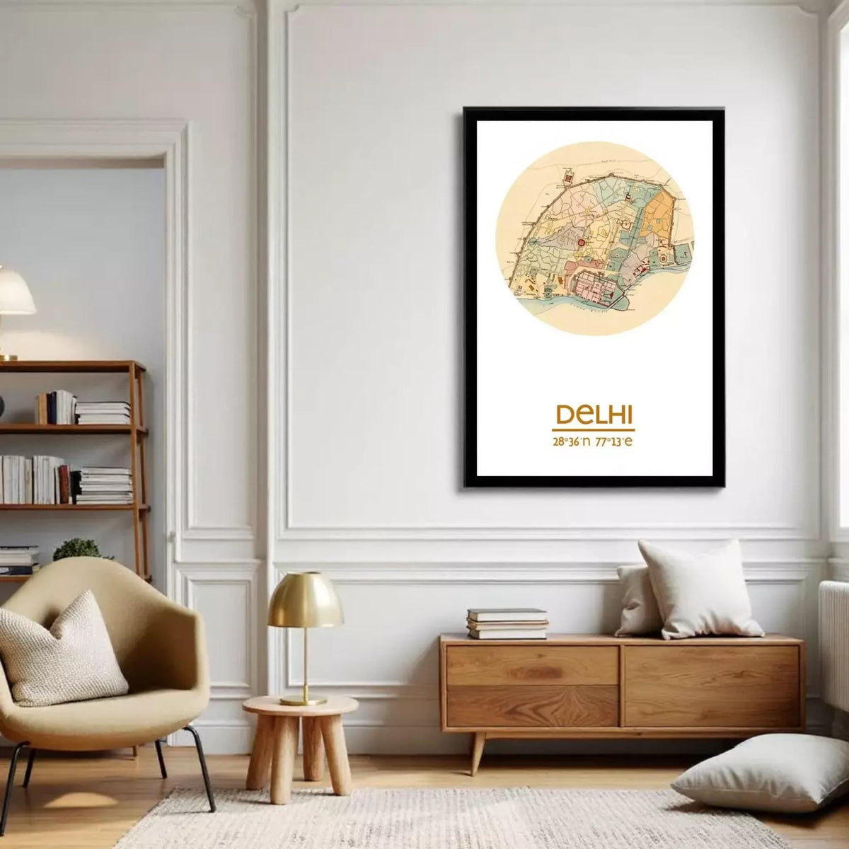 A framed map of Delhi, India, with the city's name and location printed on it.