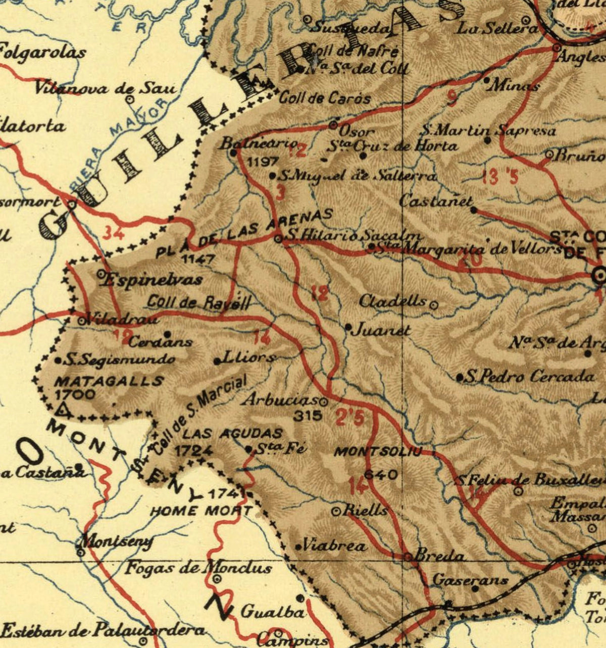 The image is a detailed map of a mountainous region, showing various landmarks, roads, and geographical features.