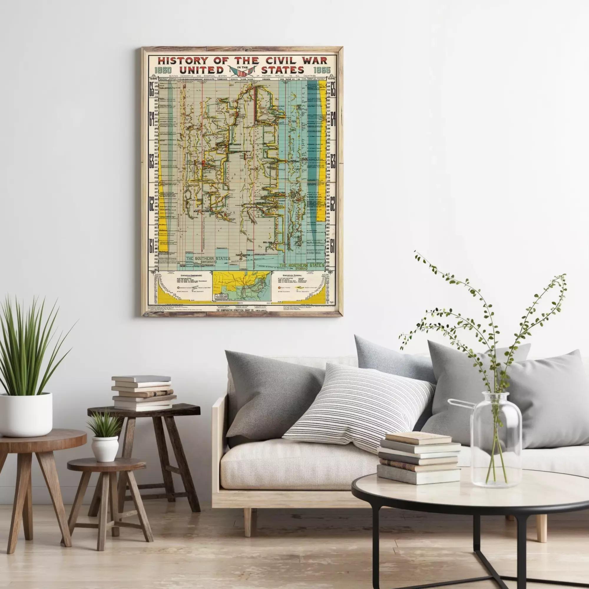 a living room with a large framed map of the United States hanging on the wall, a couch with pillows, a coffee table with books and a vase of greenery, and a small table with a plant.