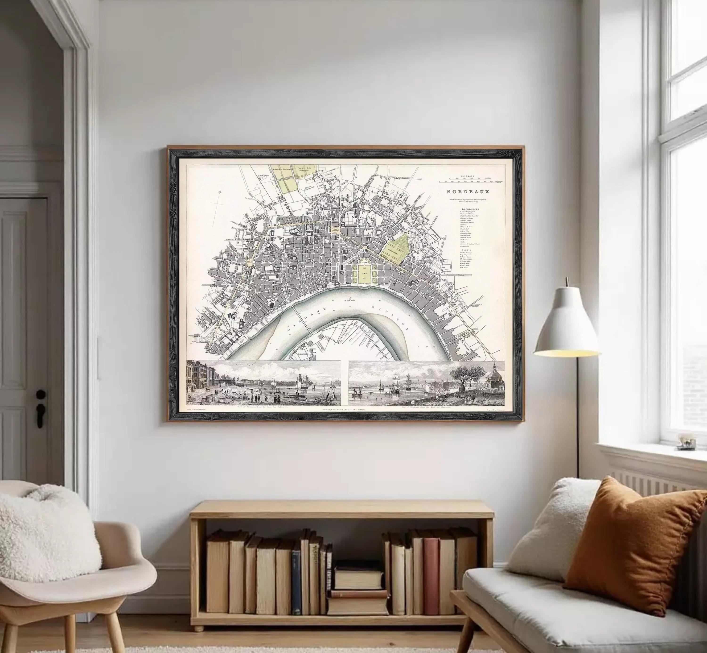 The image is a framed vintage map of the city of Paris, France, depicting the city's layout and surrounding areas.