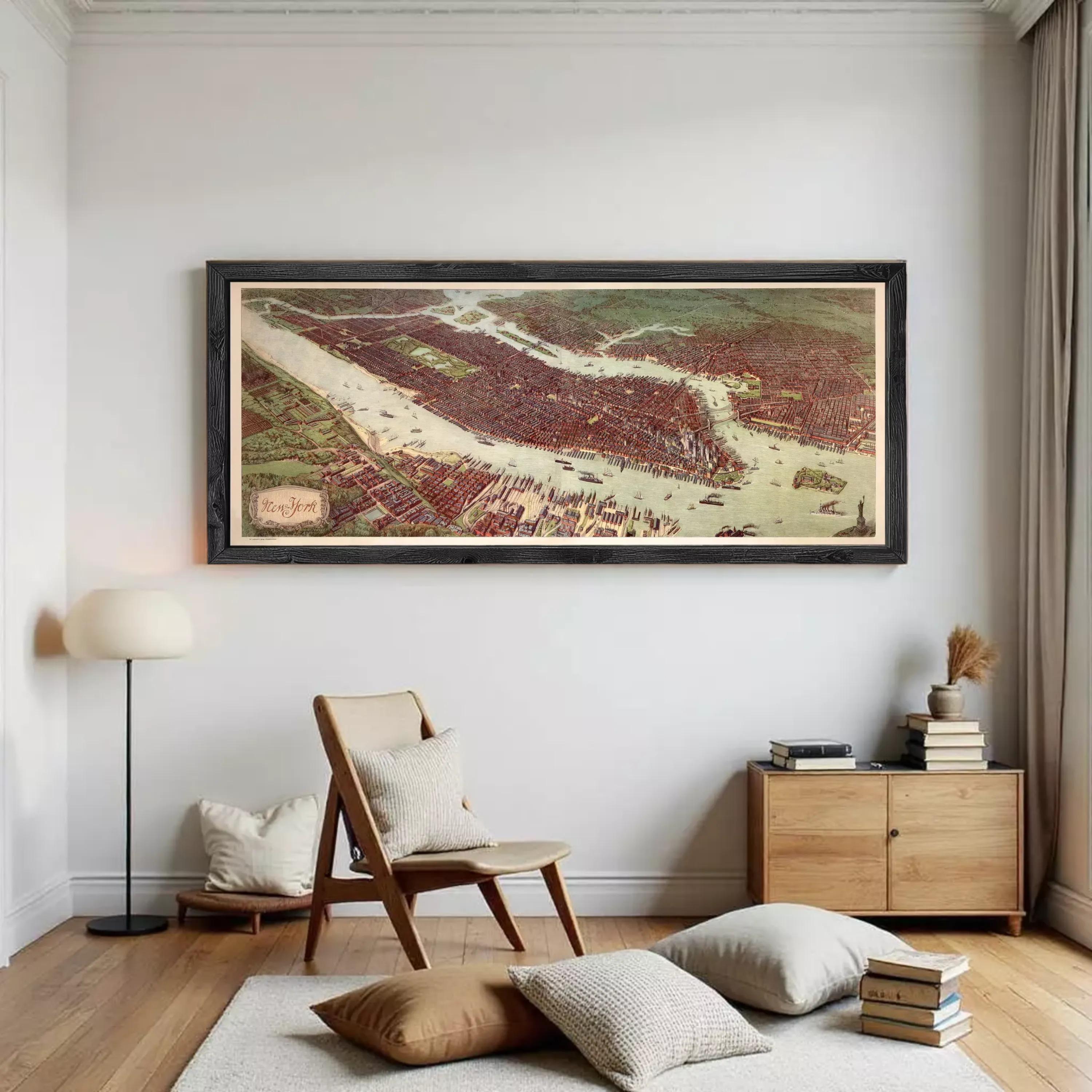 The image is a framed painting or map of a city, depicting a densely populated urban area with various buildings, roads, and waterways.