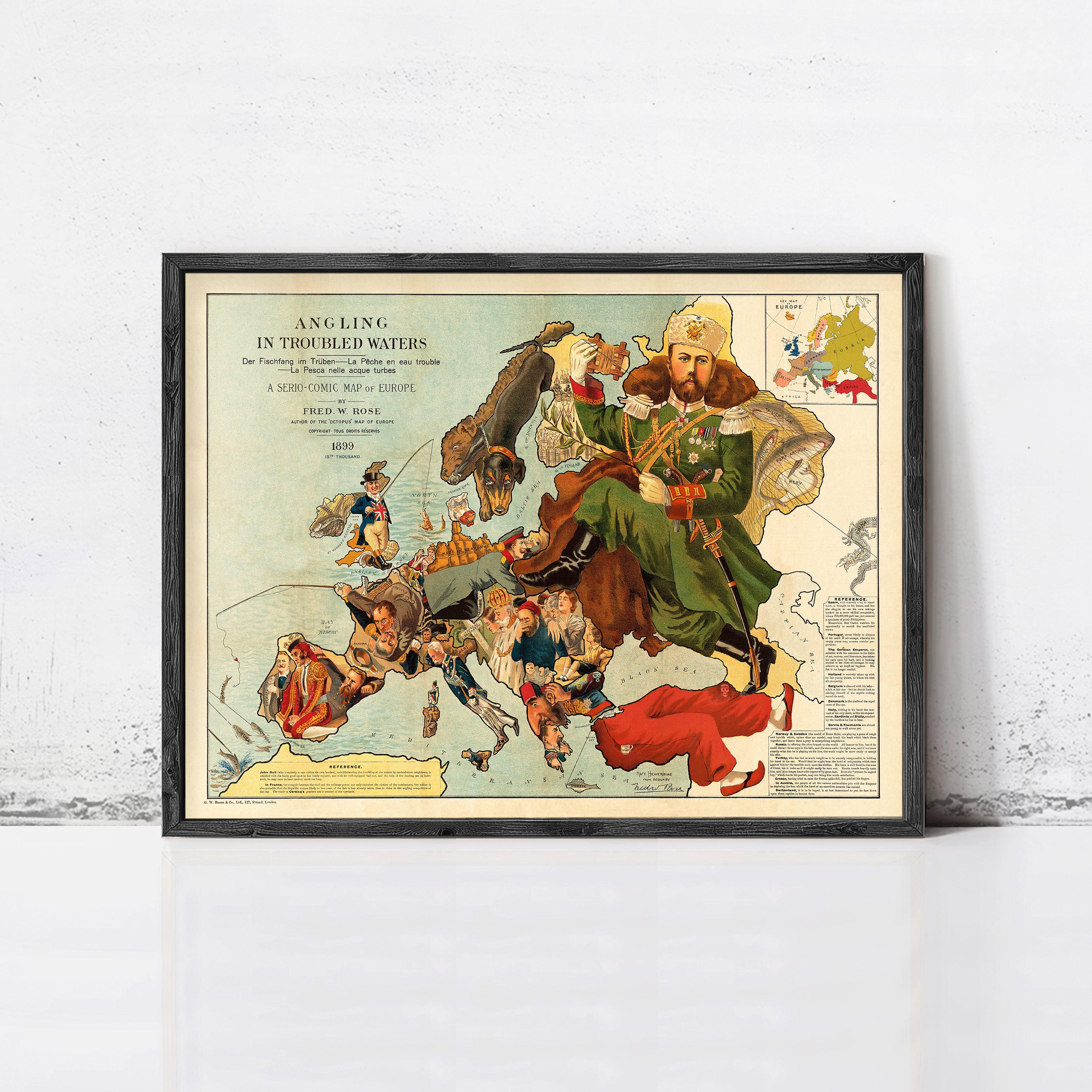 The image is a framed vintage poster depicting a map of Europe with a large figure of a man in a green uniform and hat, surrounded by various other figures, including a map of Europe.
