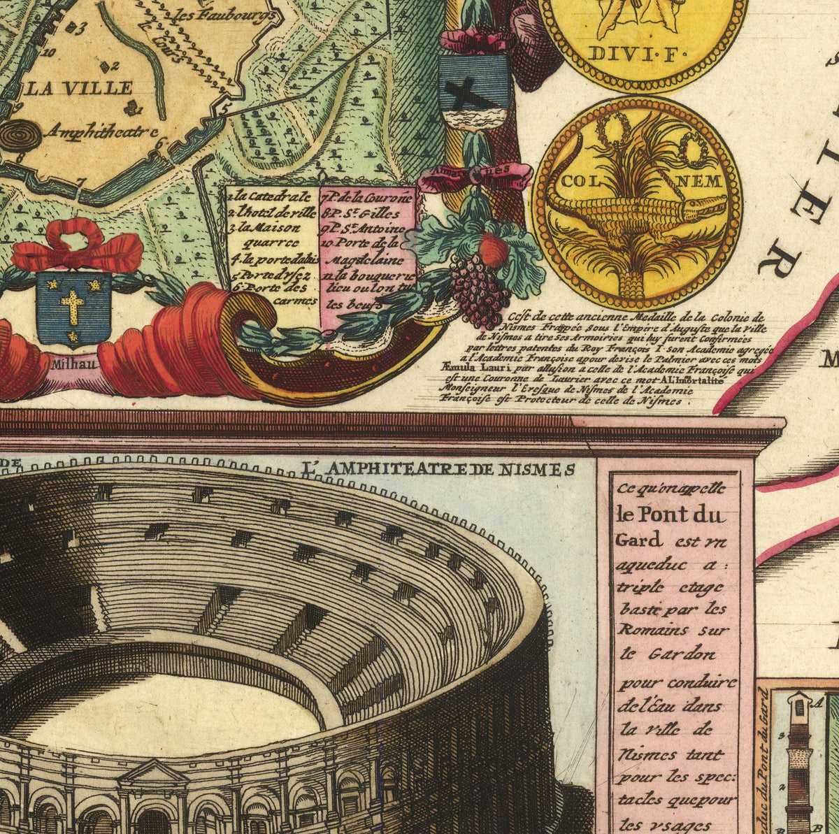 The image is a detailed illustration of the Colosseum, featuring various elements such as a map, coins, and text.