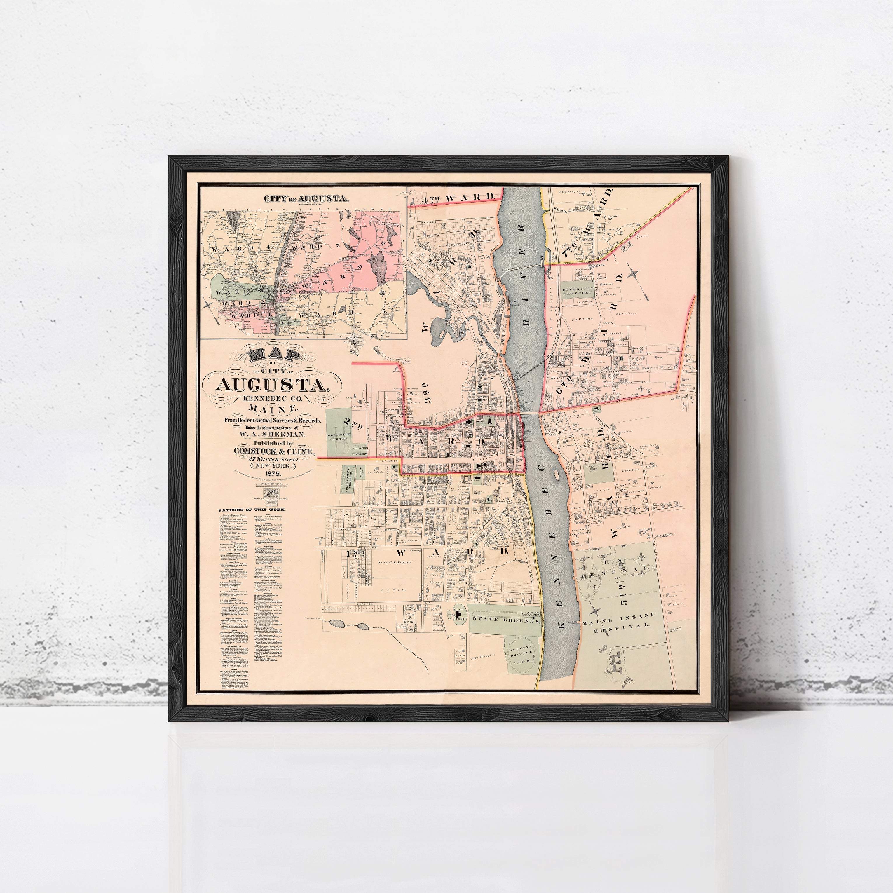 The image is a framed map of the city of Augusta, Maine, dated from 1876.