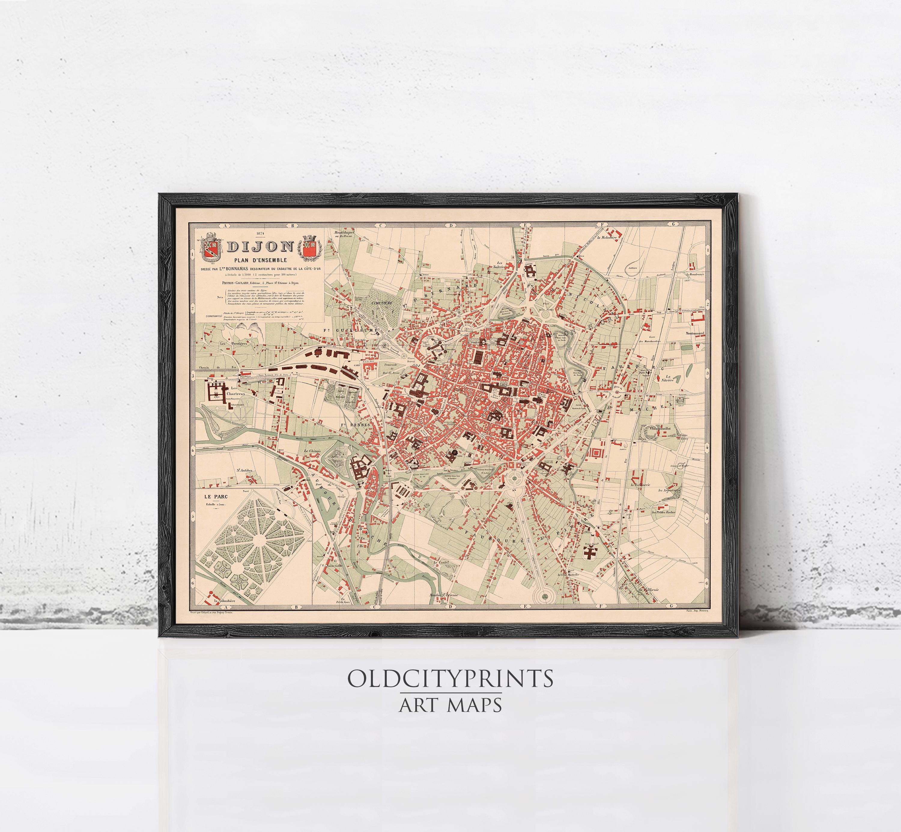 The image is a framed vintage map of a city, likely from the 19th century, with a red and green color scheme.