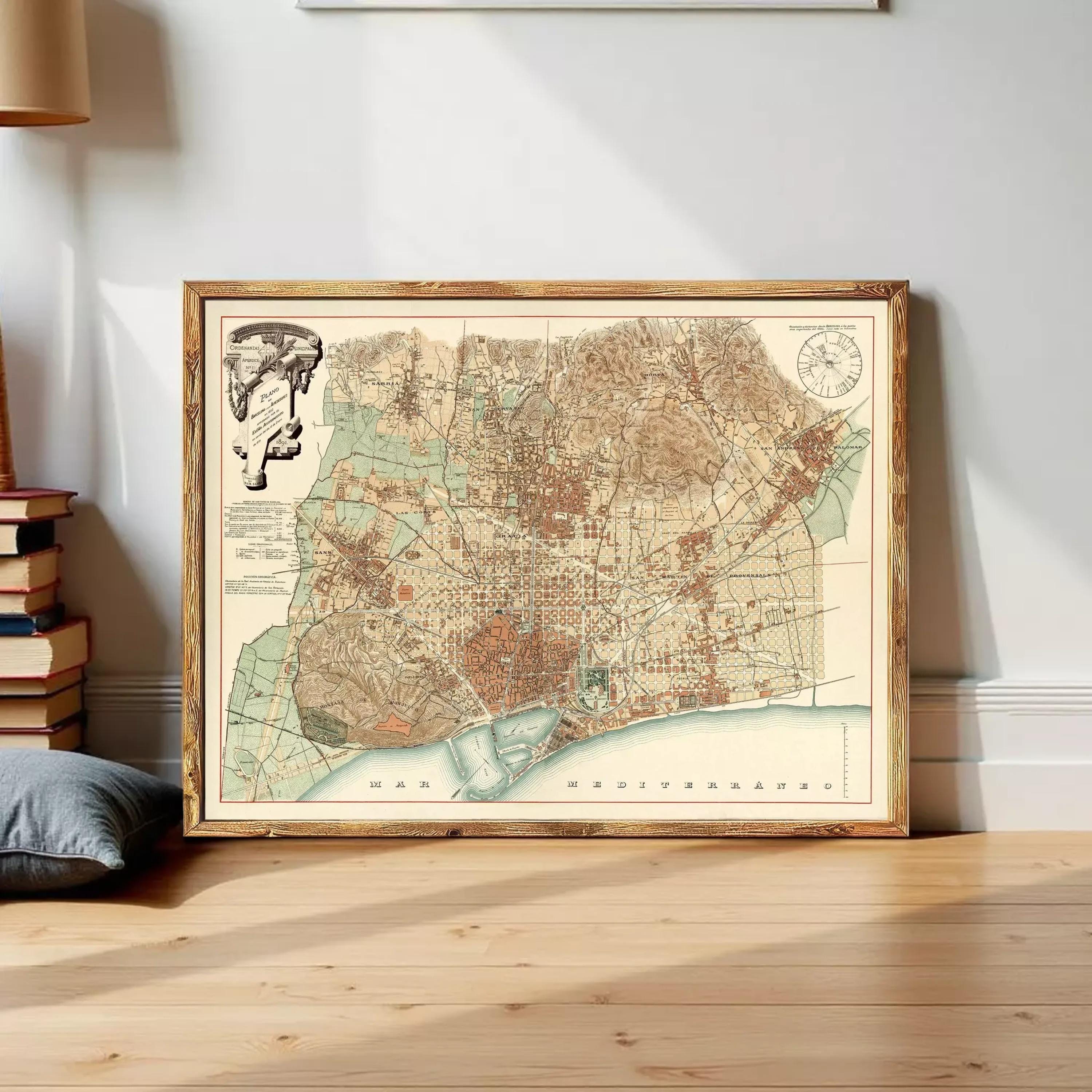 The image is a framed vintage map of a city, likely Barcelona, Spain, with a detailed and intricate design.