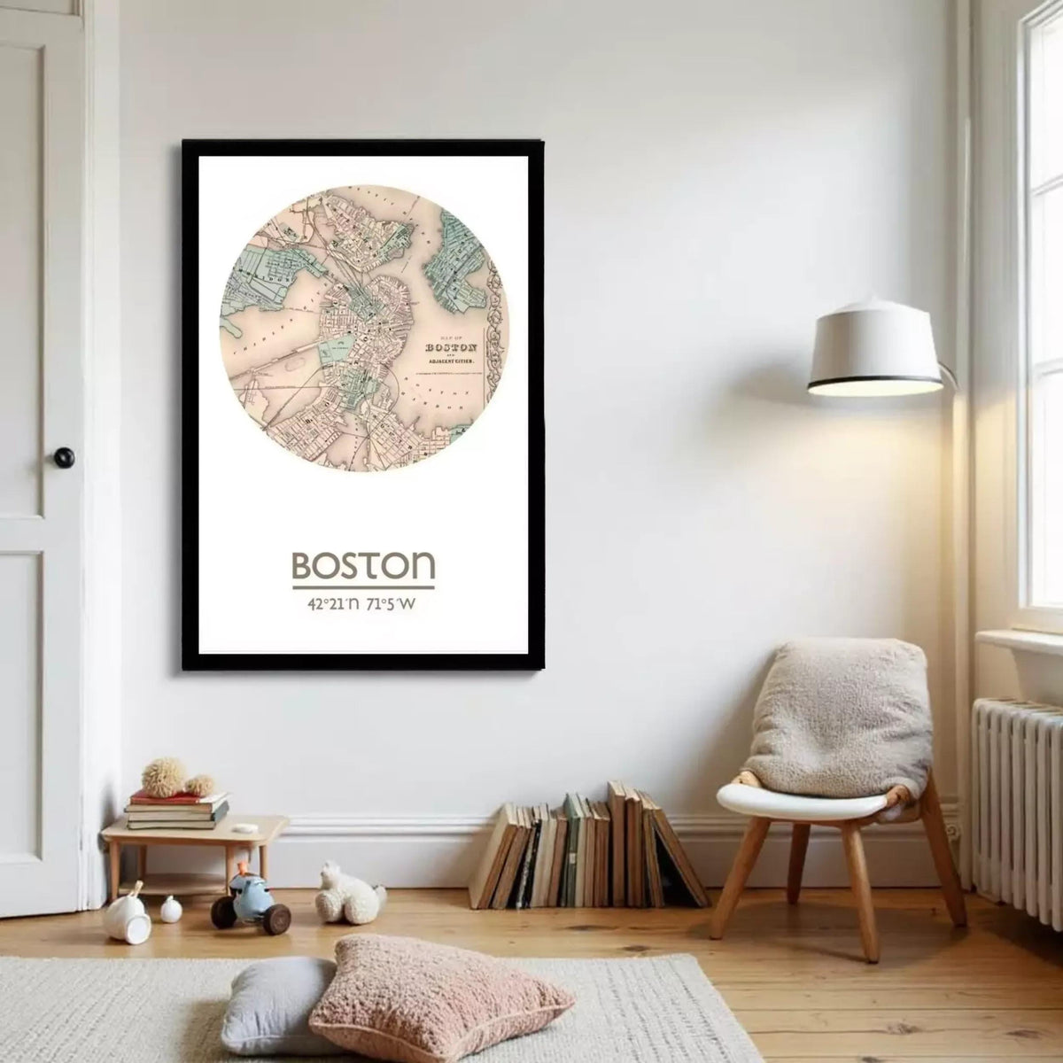 A framed vintage map of Boston, with the city's location and surrounding areas marked on it.