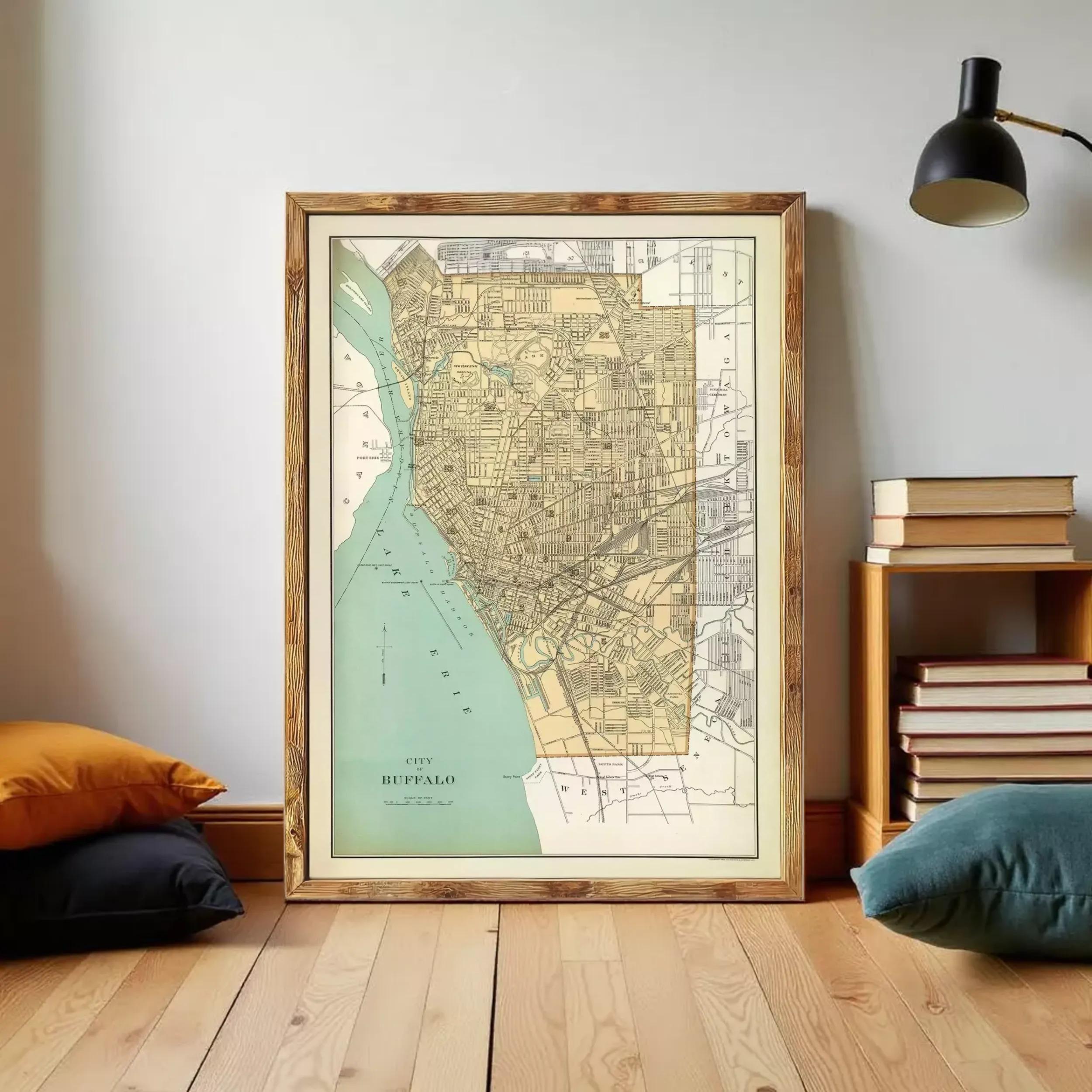 The image is a framed vintage map of Buffalo, New York, depicting the city's layout and surrounding areas.