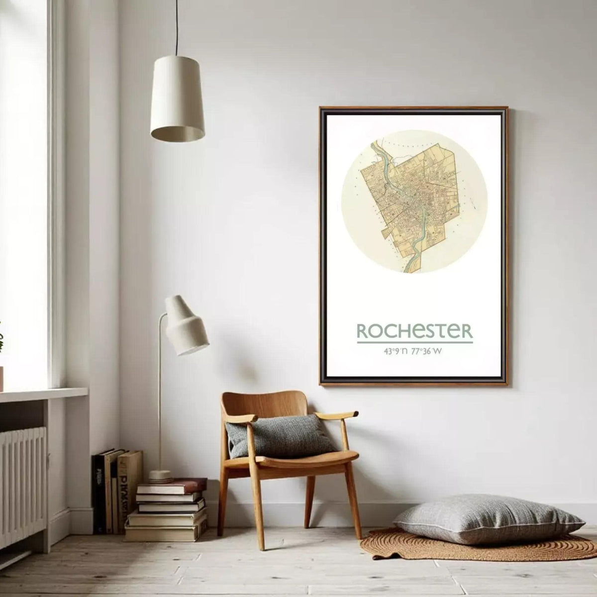 a cozy corner of a room with a wooden chair, a lamp, and a framed map of Rochester, New York.