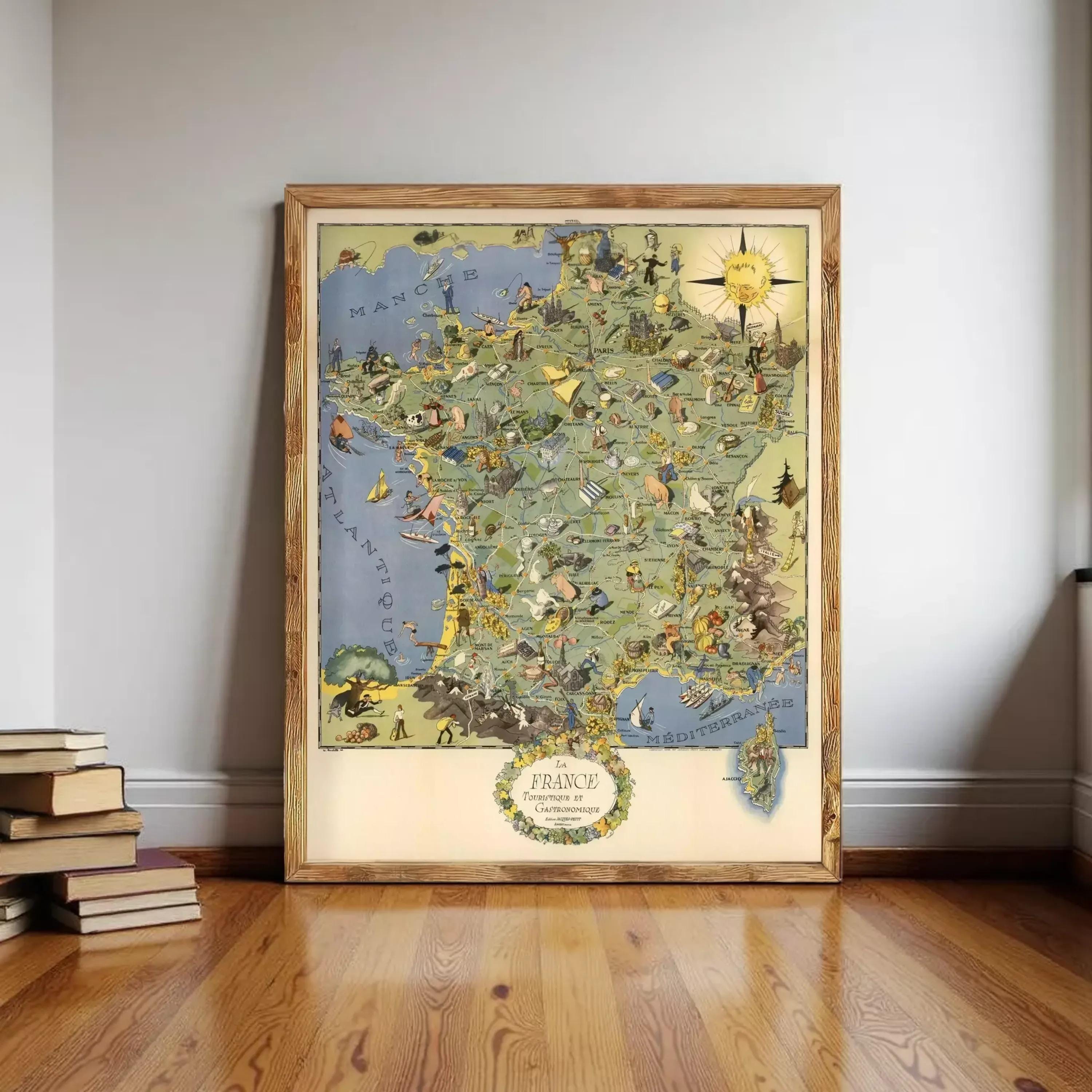 a large, colorful map of France, with various landmarks and regions depicted in a detailed and intricate manner.