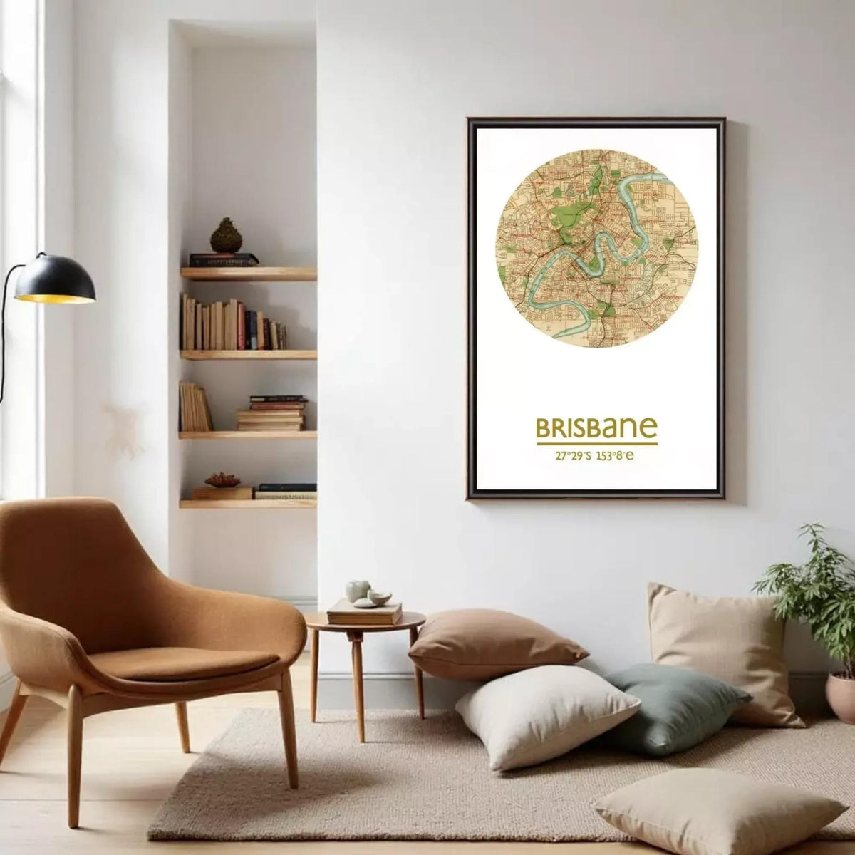 a living room with a brown armchair, a wooden side table, and a framed map of Brisbane on the wall.