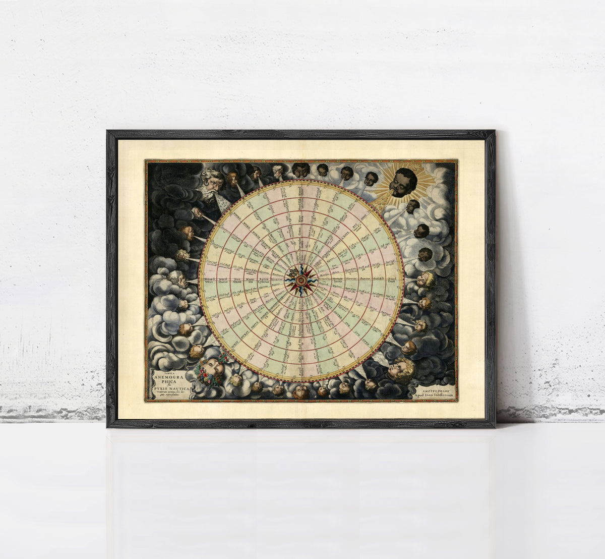 The image is a framed vintage map depicting a wheel with various celestial bodies and symbols surrounding it.