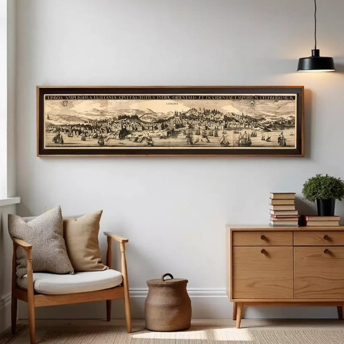 a cozy living room with a large framed map hanging on the wall, a wooden chair, a wooden dresser, and a small basket on the floor.