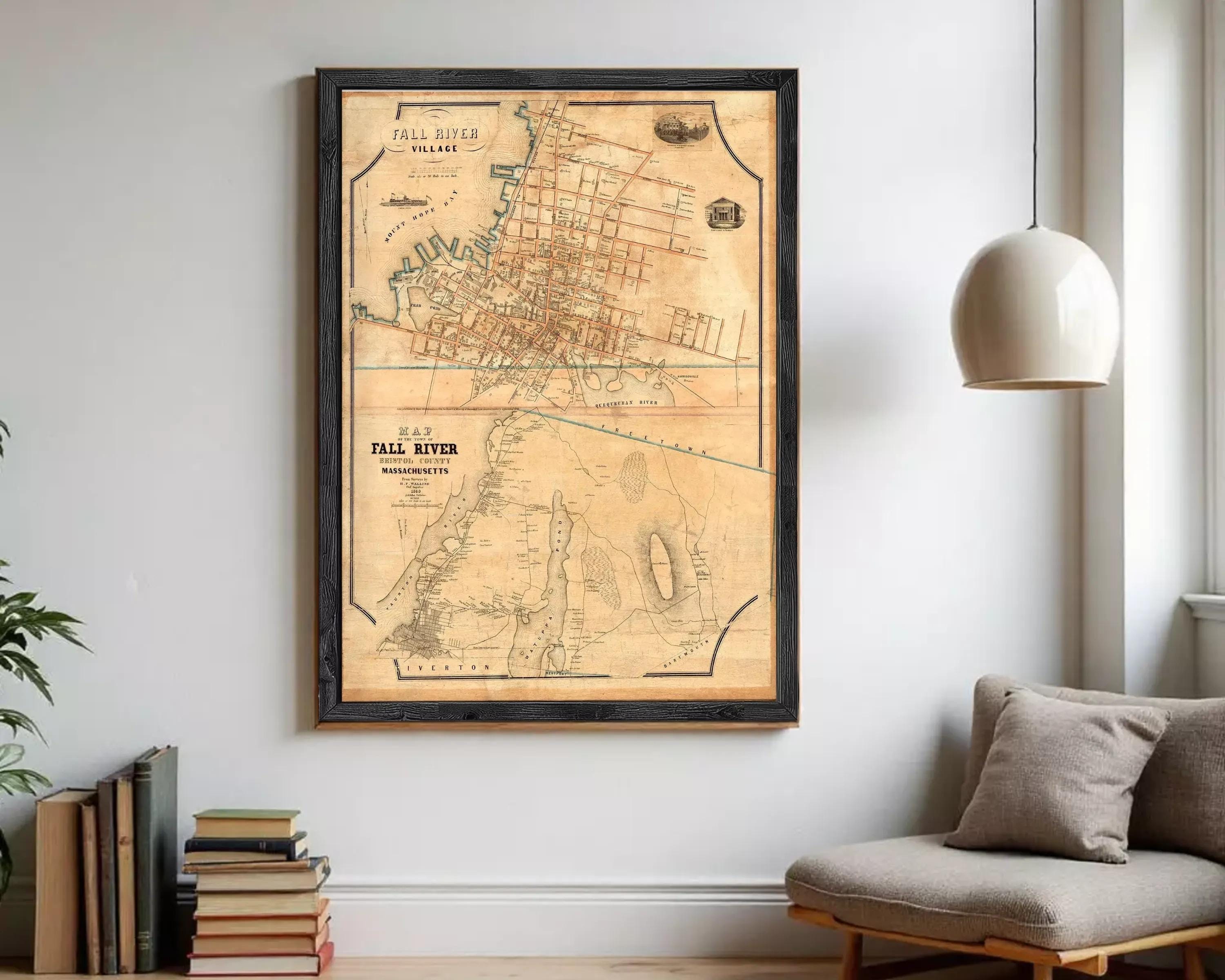 The image is a framed vintage map of the Fall River Valley in Massachusetts, depicting the surrounding area and waterways.