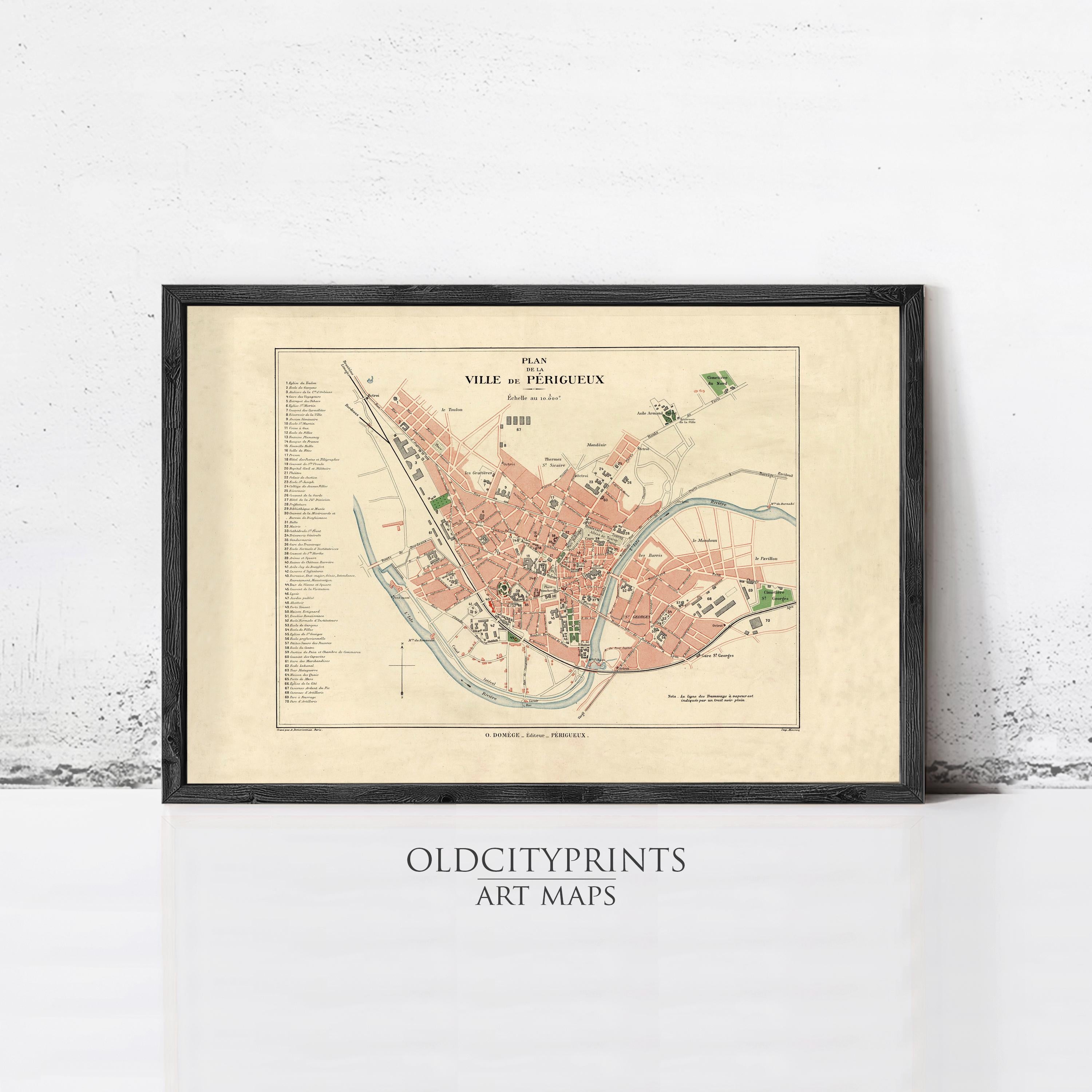 The image is a framed vintage map of the village of Paris, France, depicting the layout and surrounding areas.
