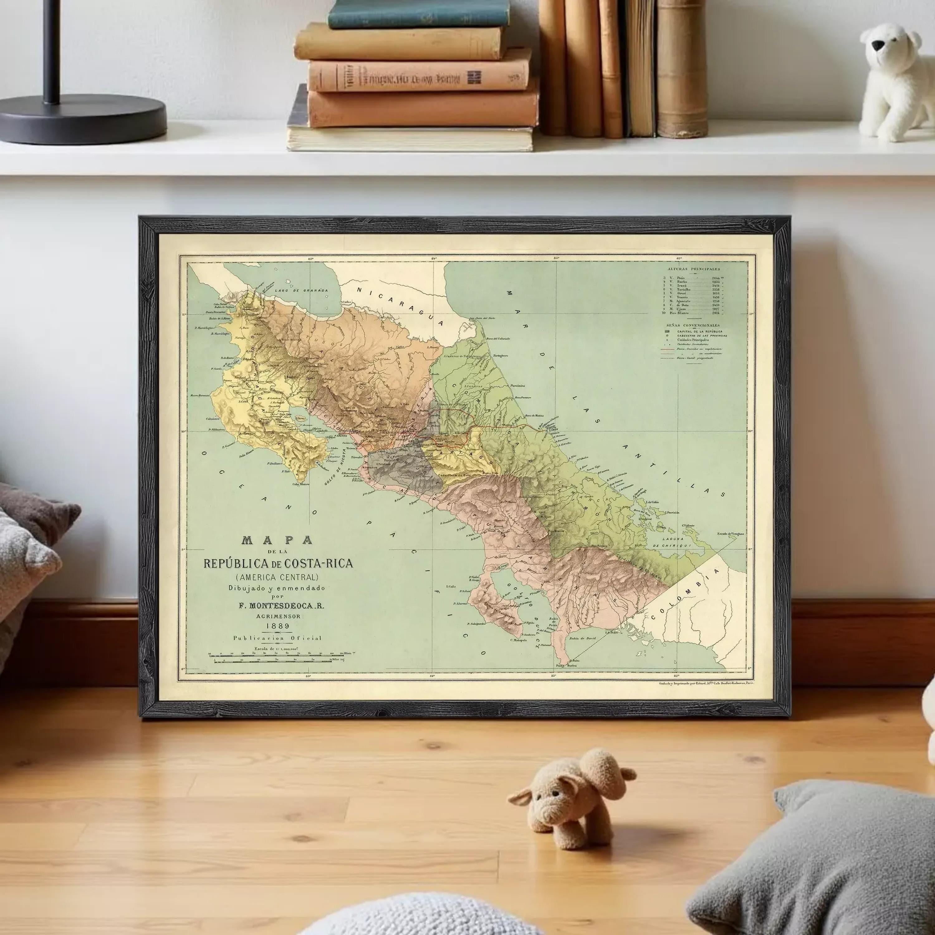 a framed map of Costa Rica, with a small stuffed animal in the foreground.