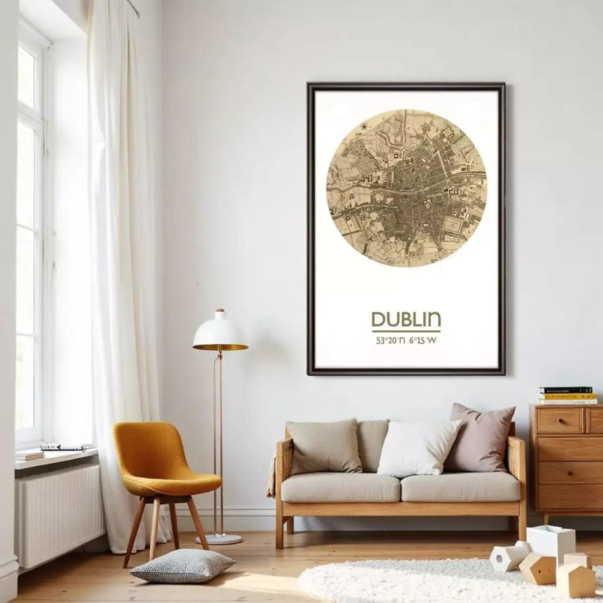a living room with a large framed map of Dublin hanging on the wall, a wooden chair, a sofa, and a lamp.