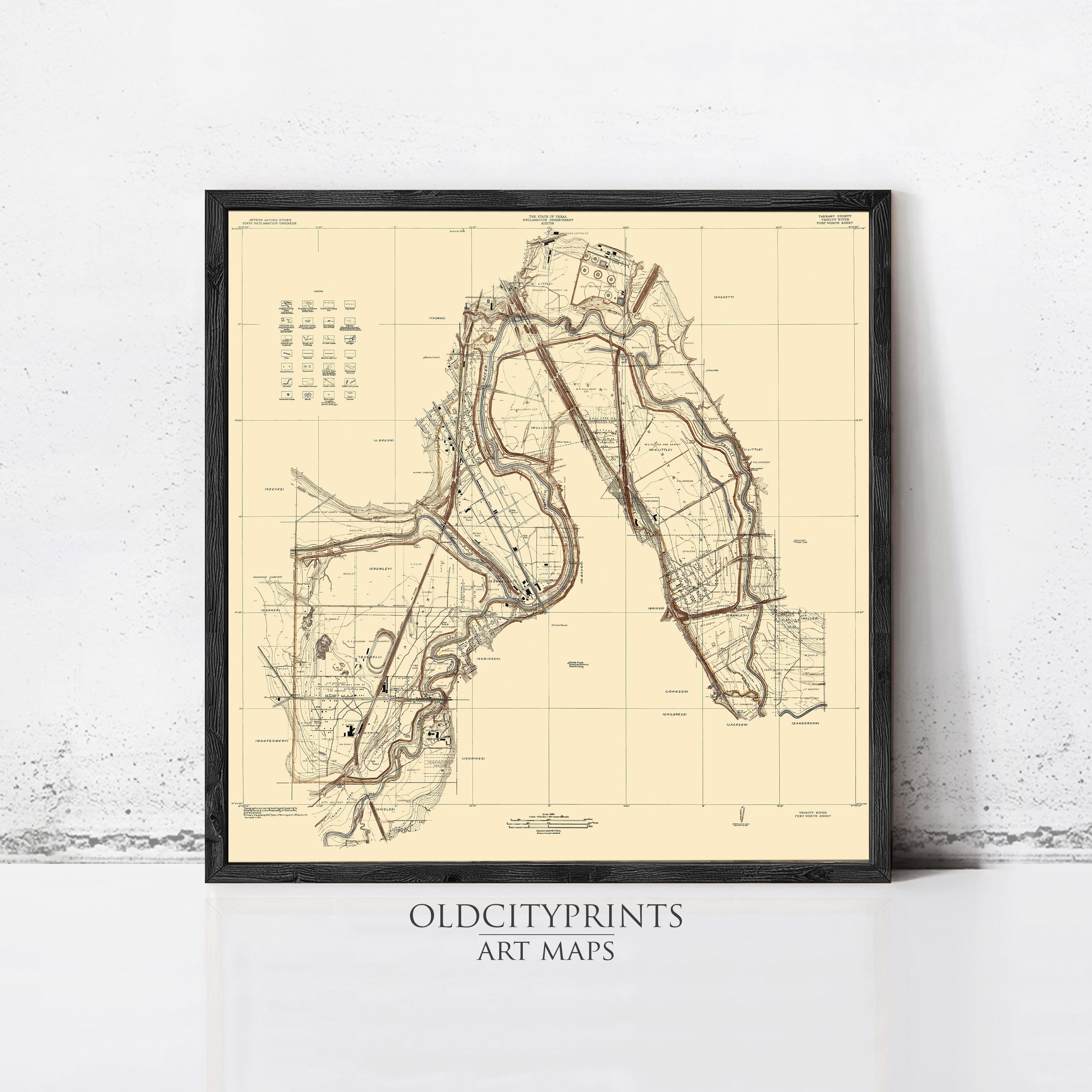 The image is a framed vintage map of a region, likely from the Old Cityprints Art Maps series.
