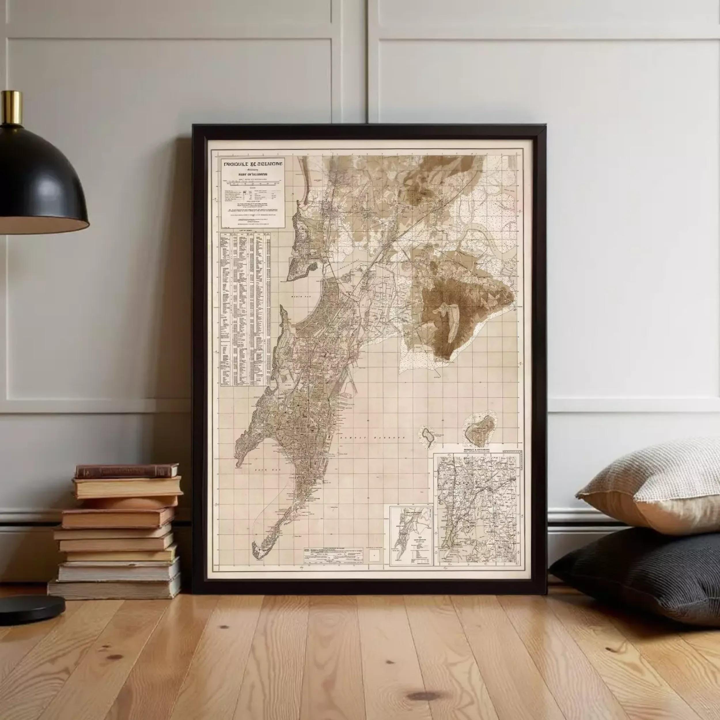 The image is a framed vintage map of India, depicting the country's geographical layout and major cities.