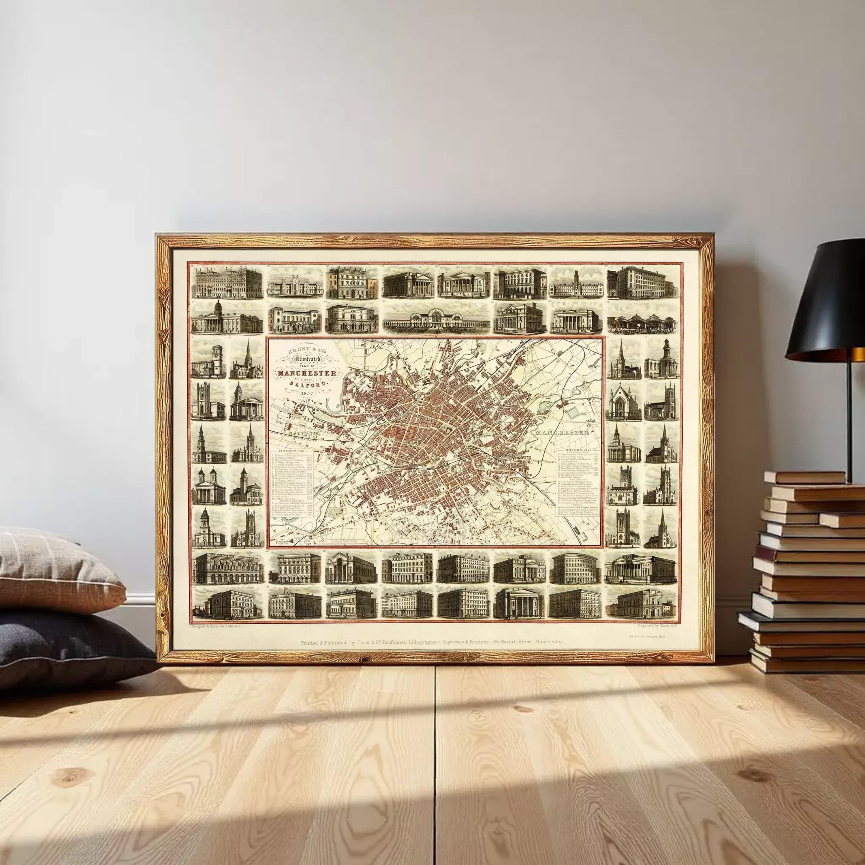 The image is a framed vintage map of Manchester, London, England, depicting various buildings and landmarks.