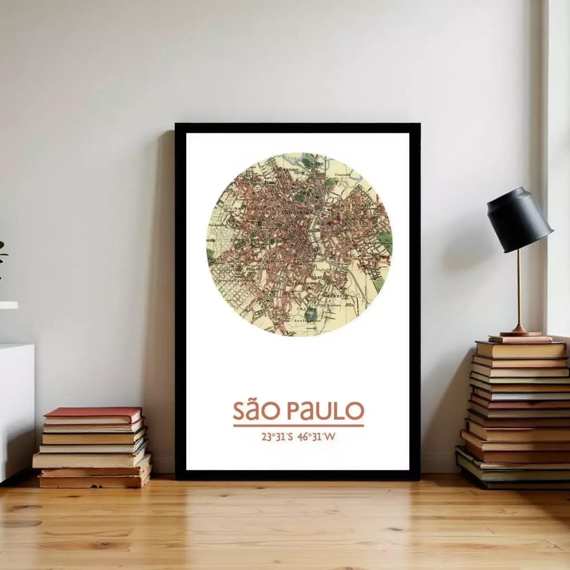 A framed map of São Paulo, Brazil, with the text "São Paulo" and the coordinates "23.31° S, 46.31° W" below the map.