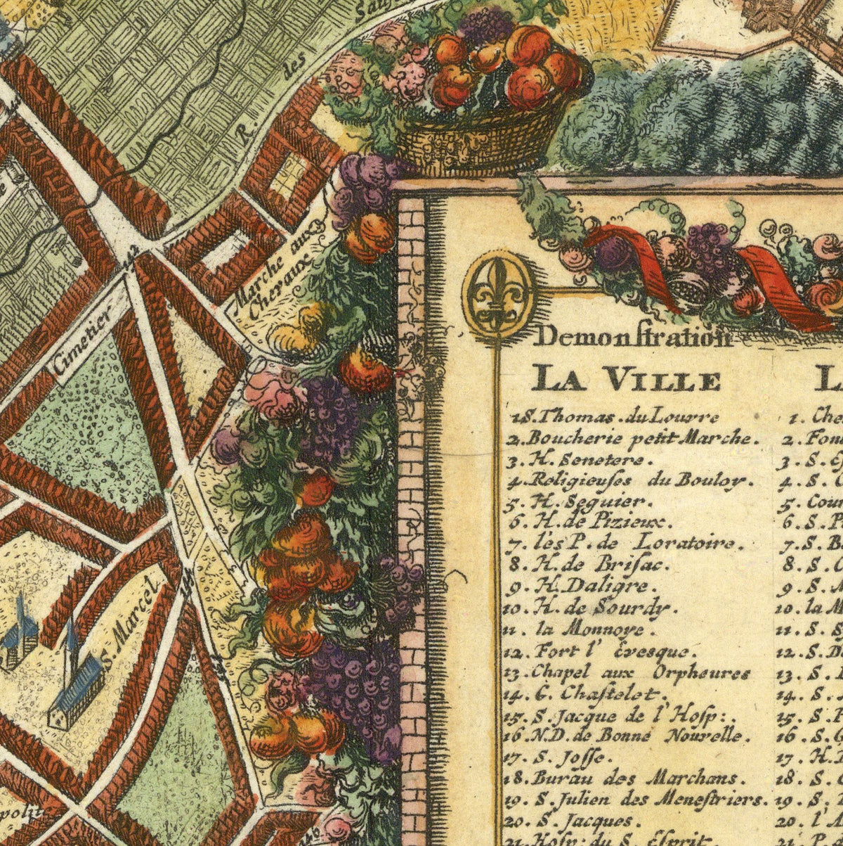 The image is a detailed map of a city, showing streets, buildings, and various landmarks. The map is colorful and ornate, with illustrations of fruits and vegetables. The text on the map provides information about the city, including the names of streets and locations.