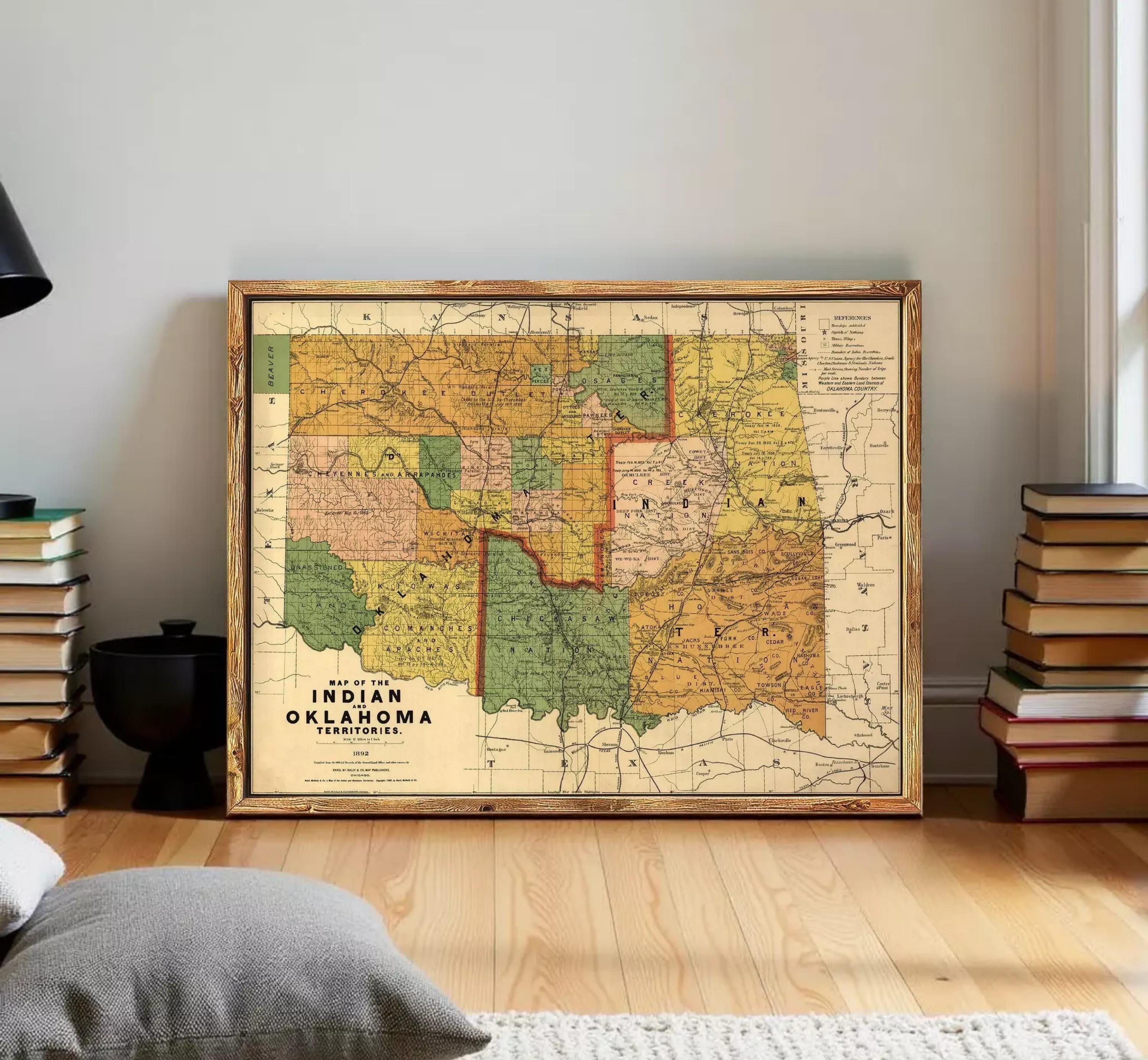 The image is a framed vintage map of the Indianola, Oklahoma region, depicting the state's boundaries and surrounding areas.