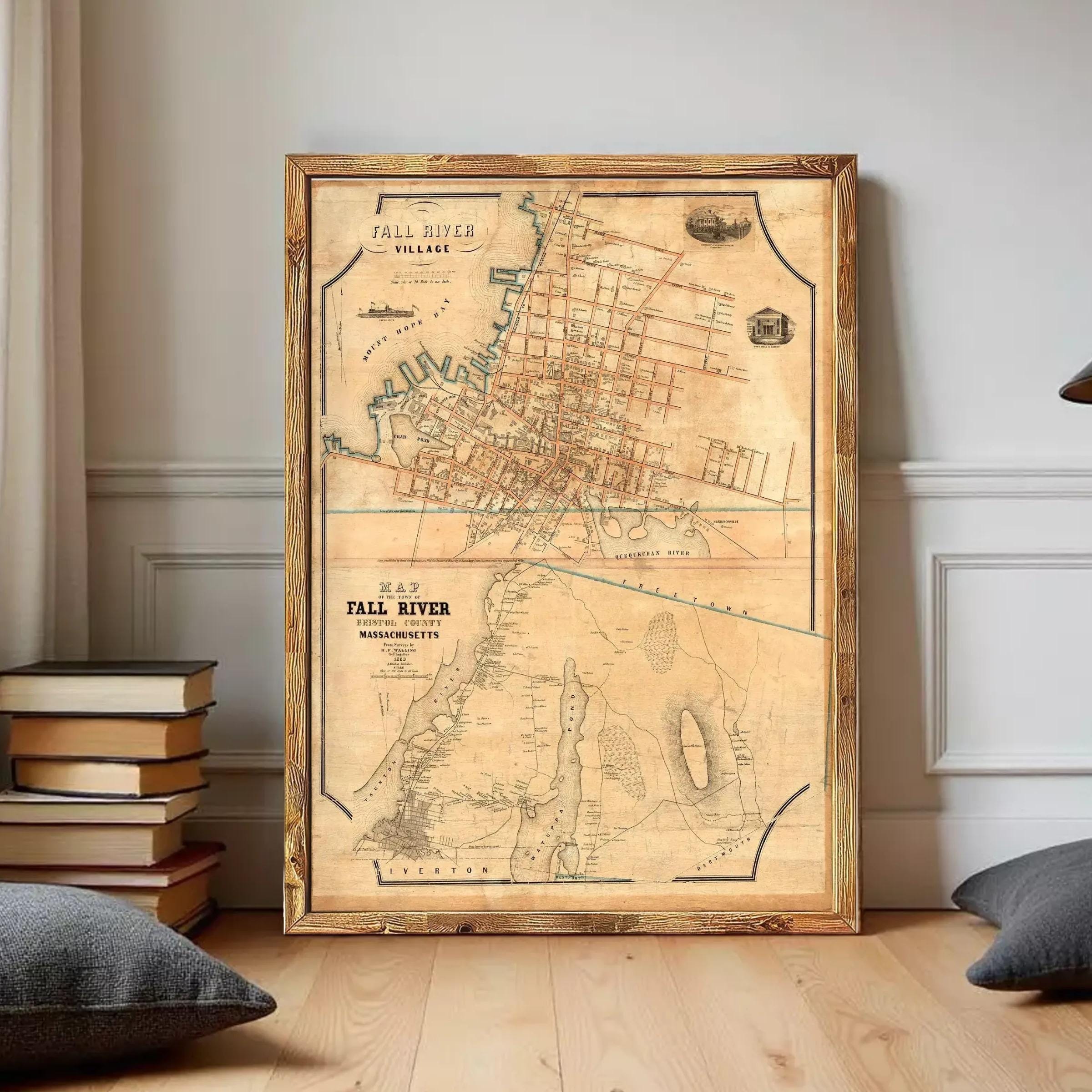 The image is a framed vintage map of the Fall River Valley in Massachusetts, depicting the surrounding area and waterways.