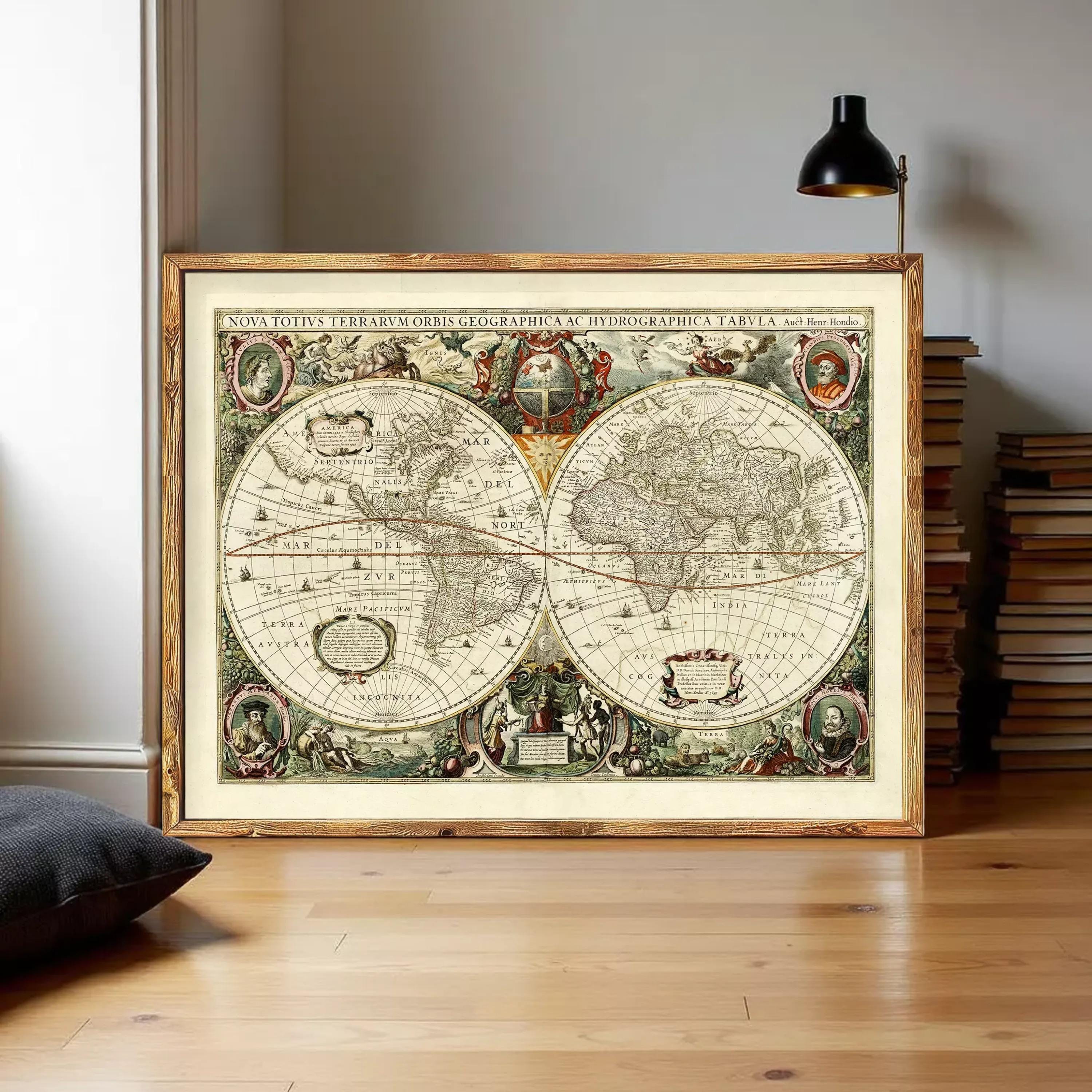 The image is a framed vintage map of the world, depicting the continents and oceans in a detailed and intricate manner.