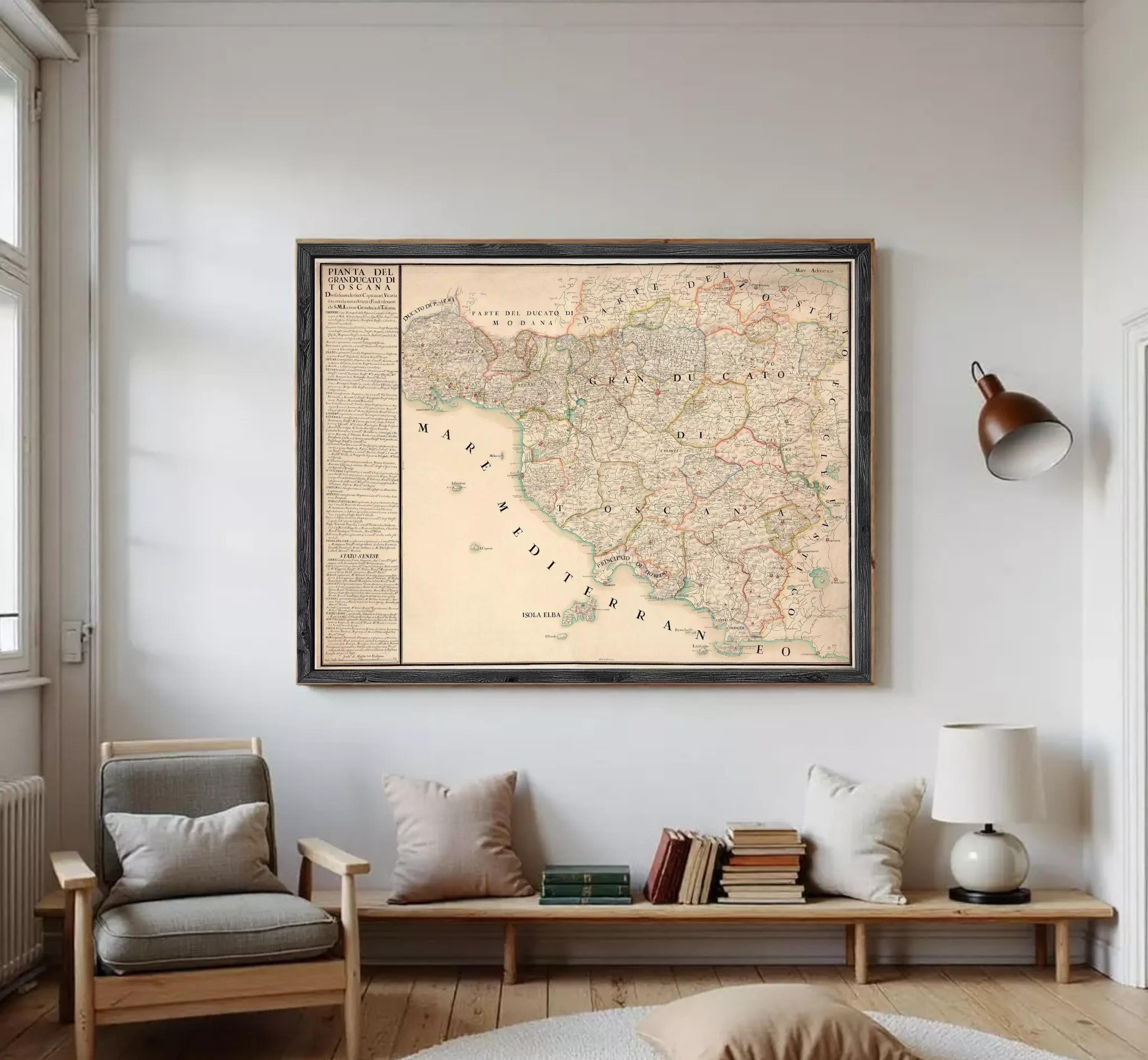 The image is a framed vintage map of Italy, showing the country's geographical layout and various regions.