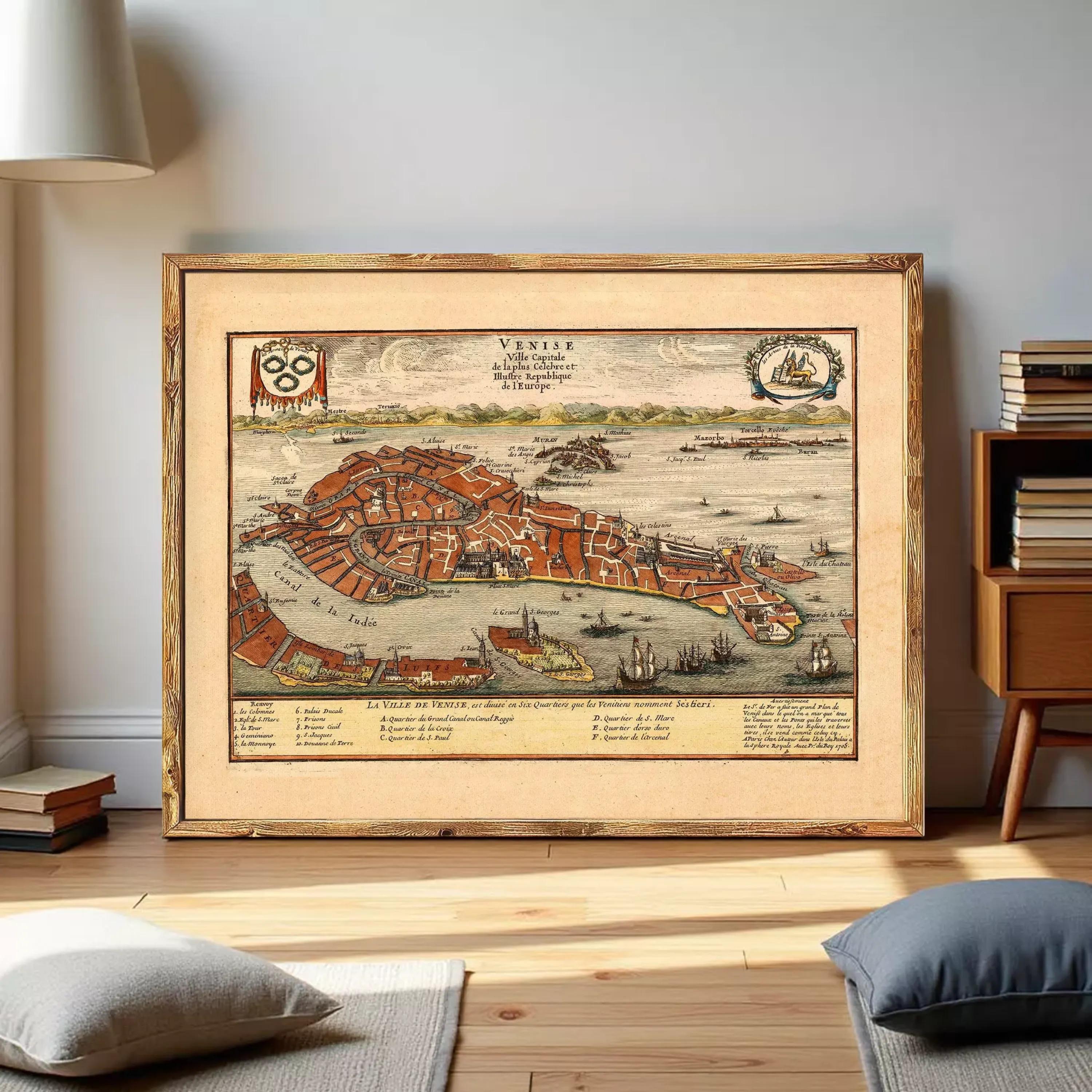 The image is a framed vintage map of Venice, Italy, depicting the city's layout and surrounding waterways.