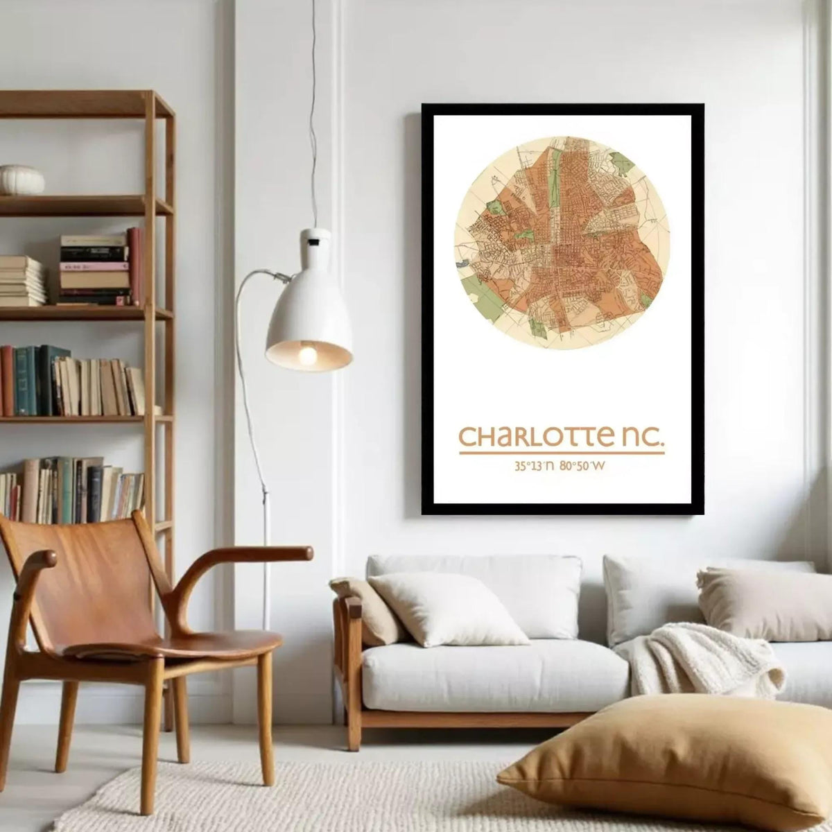 A framed map of Charlotte, North Carolina, with the city's name and location printed on it.