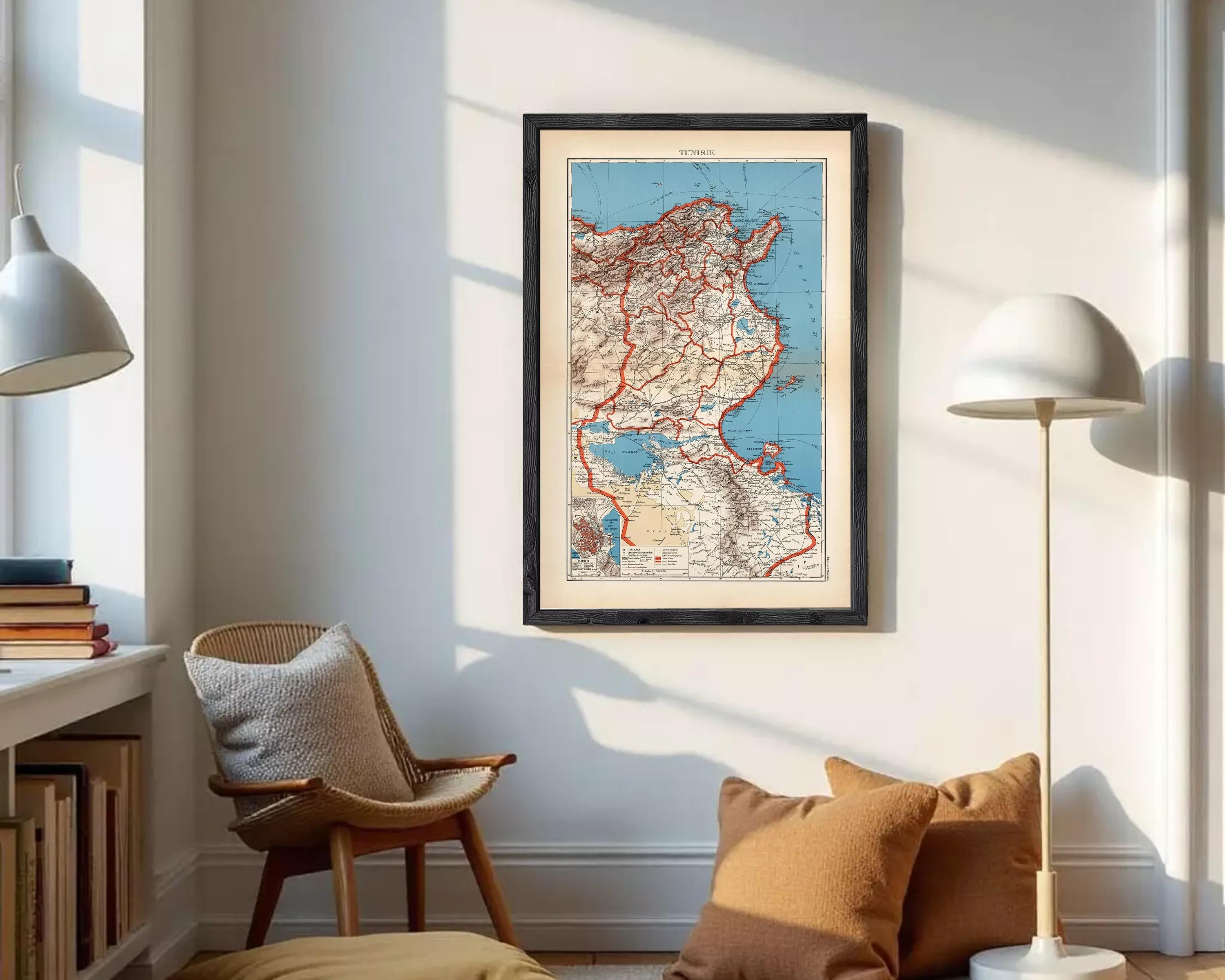 The image is a framed vintage map of the TUNISIAN country, depicting the country's geographical layout and surrounding areas.